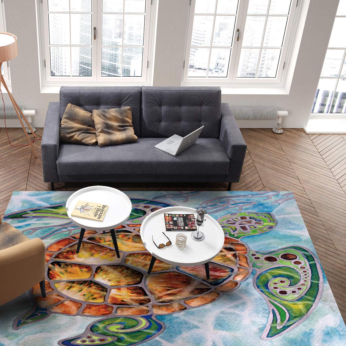Modern 5x7 Feet Large Area Rug - Ocean Sea Turtle with Fish Design, Non-Slip Soft Floor Rug for Bedroom, Living Room, Nursery | Home Decor, Kids Room, Dorm, Office | Washable Contemporary Accent Rug