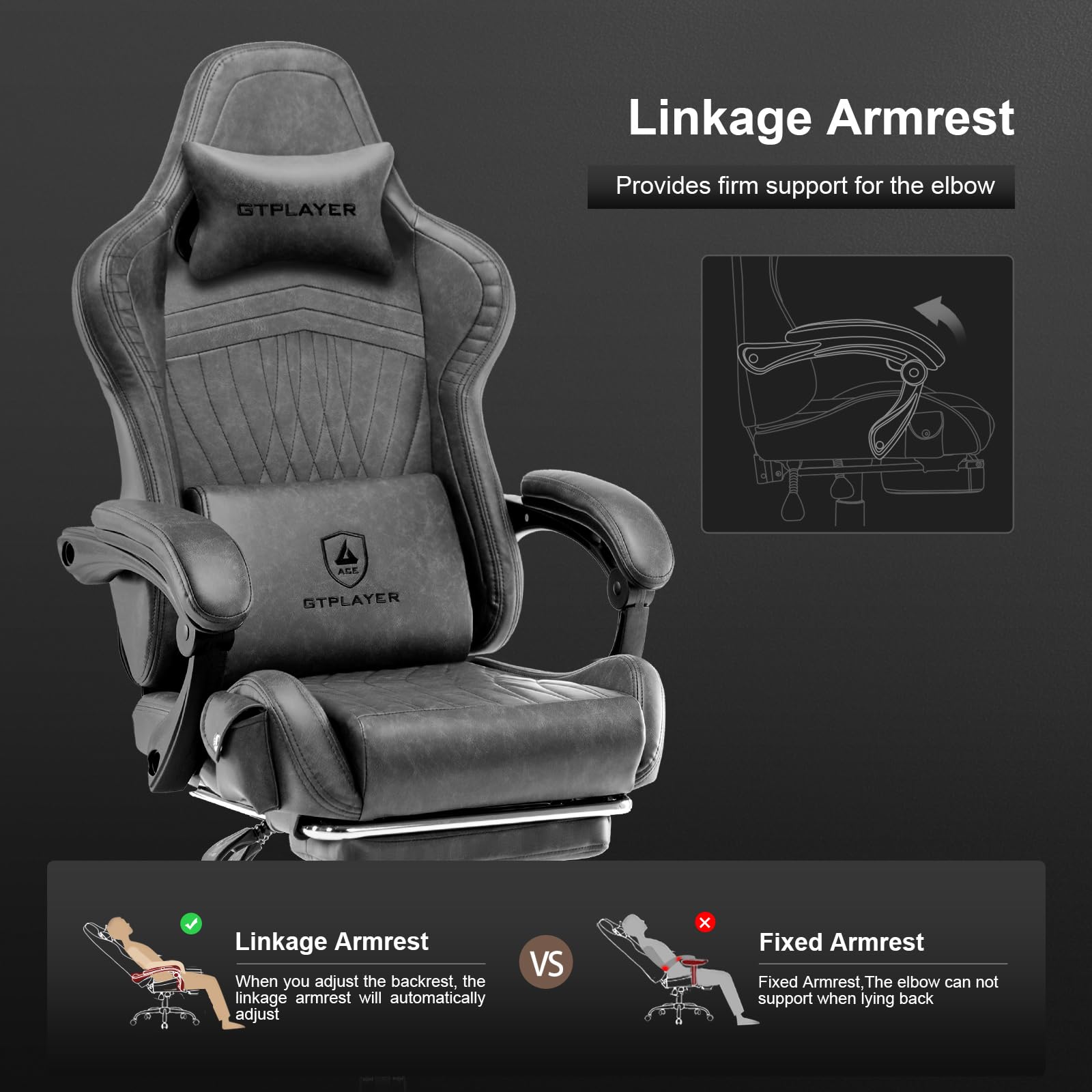 GTPLAYER Ergonomic Gaming Chair - PU Leather Office Chair with Adjustable Height & Lumbar Support - Grey Computer Chair for Home & Gaming Setup