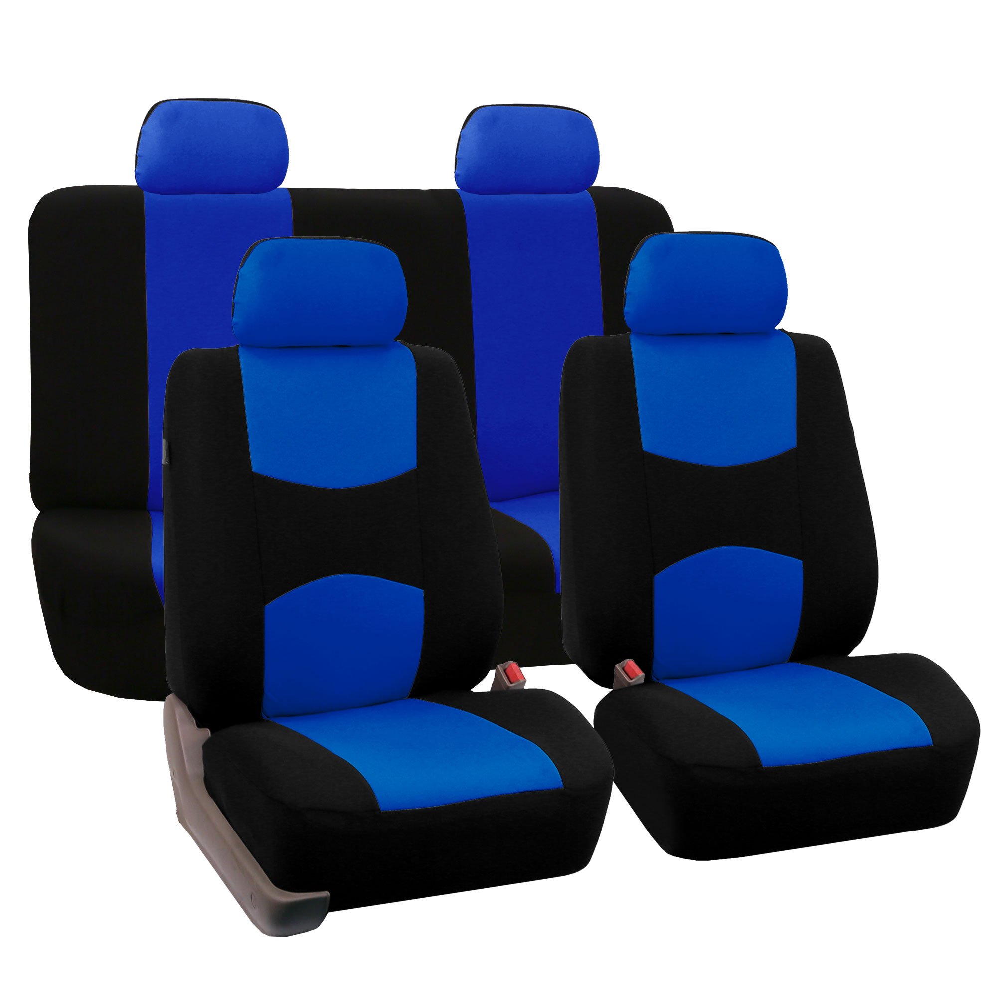 FH Group Universal Fit Car Seat Covers Full Set - Blue Flat Cloth Bench & Bucket Seat Protectors for Cars, Trucks & SUVs | Durable Interior Accessories Combo with E-Z Travel Tissue Dispenser | Perfect for Road Trips, Daily Commute & Family Protection