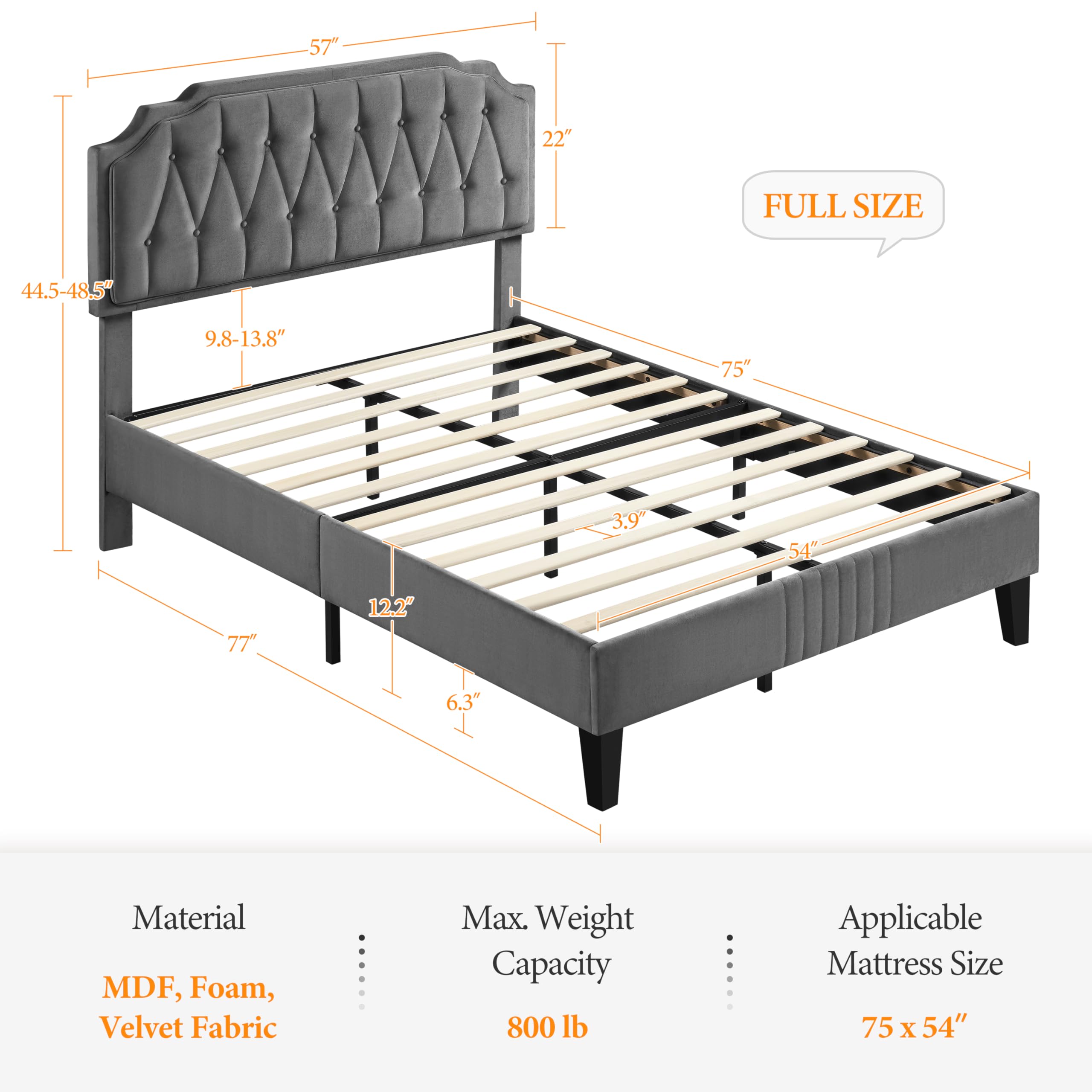 Yaheetech Full Size Bed Frame with Velvet Upholstery, Curved Headboard & Wood Slats - Noise Free, No Box Spring Needed, Easy Assembly, Dark Gray - Perfect for Modern Bedrooms & Guest Rooms