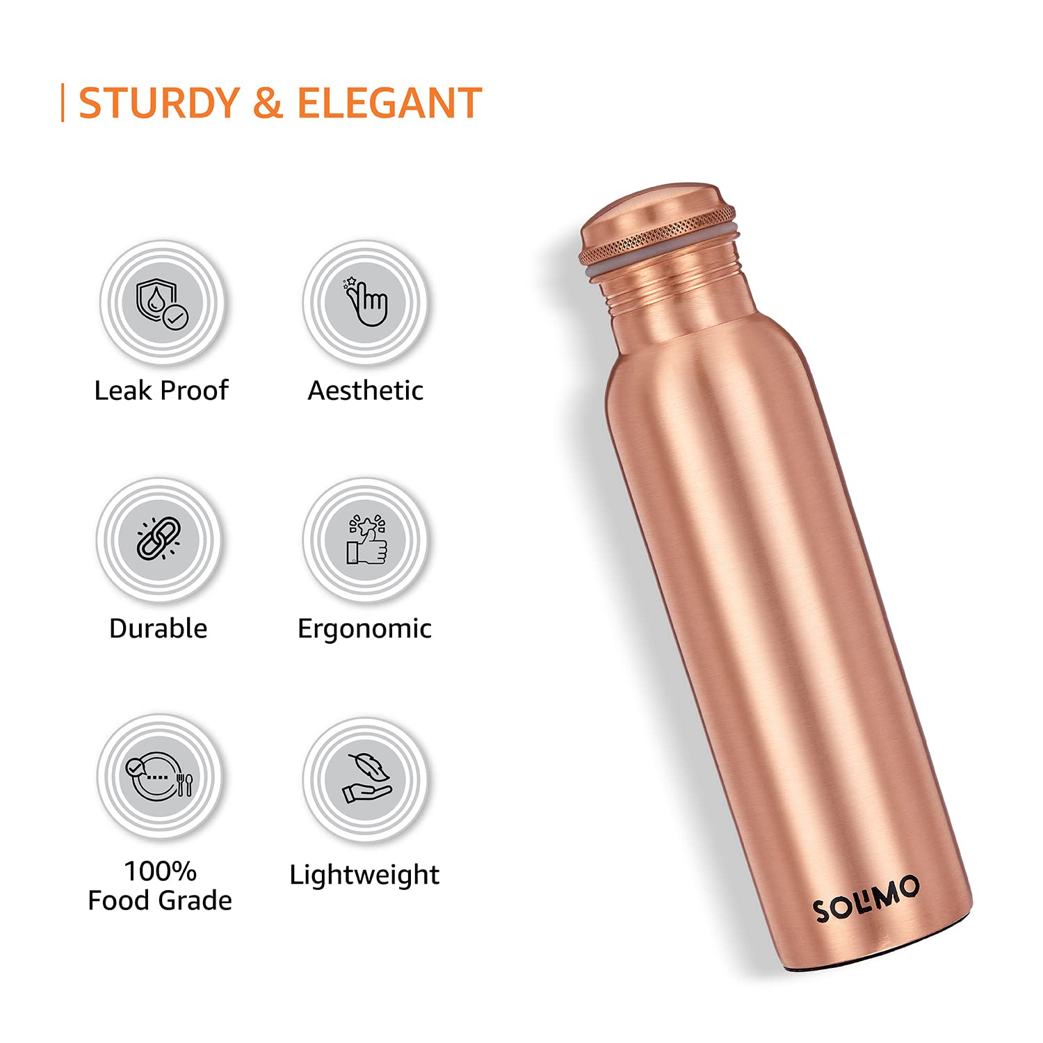 Solimo Pure Copper Water Bottle 950ml (Set of 2) - 100% Rustproof & Leakproof Matte Finish Copper Bottle for Hydration - Perfect for Home, Office, Gym & Outdoor Activities