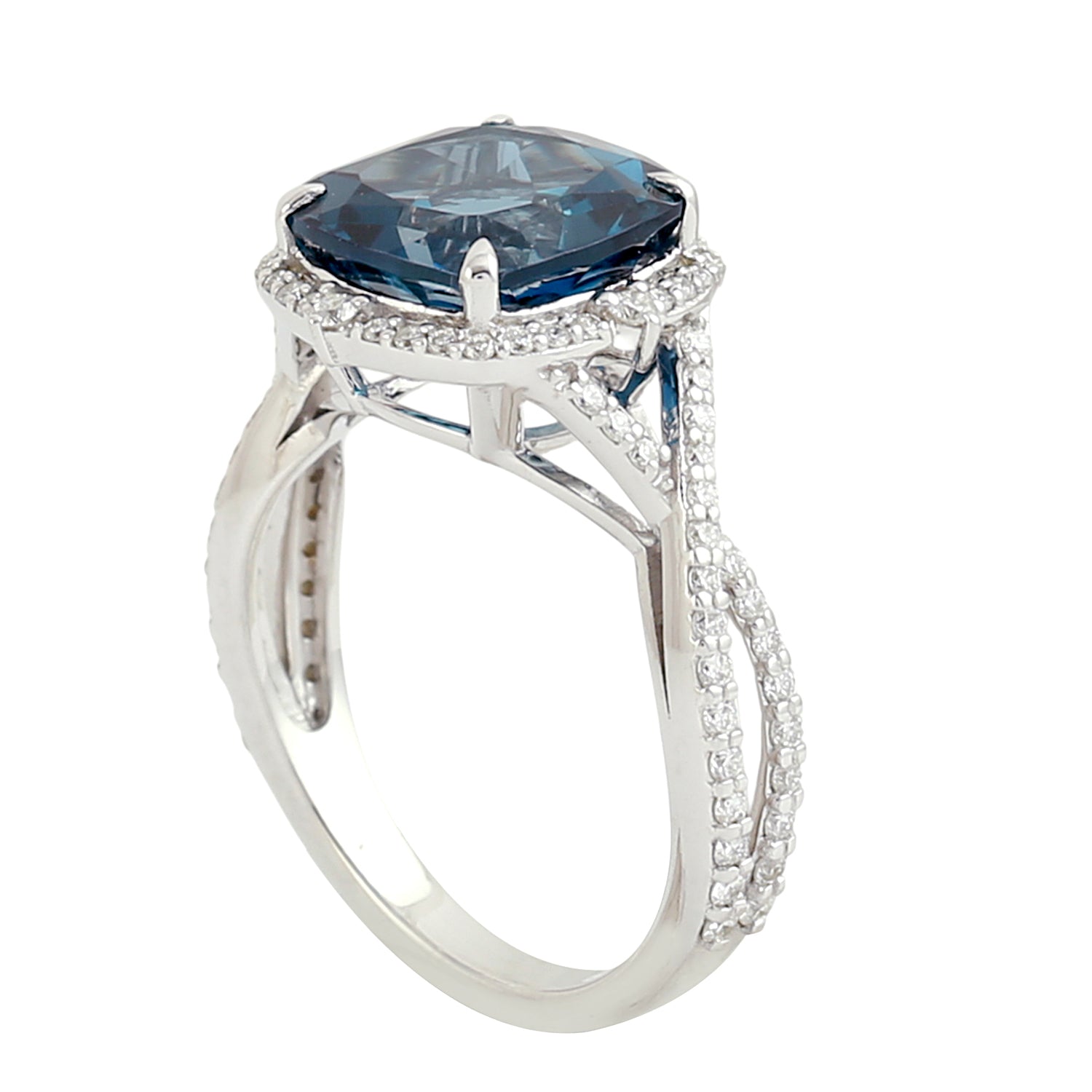 14K White Gold Cushion Cut London Blue Topaz Pave Diamond Solitaire Ring – Elegant Engagement, Anniversary & Wedding Jewelry Gift for Women