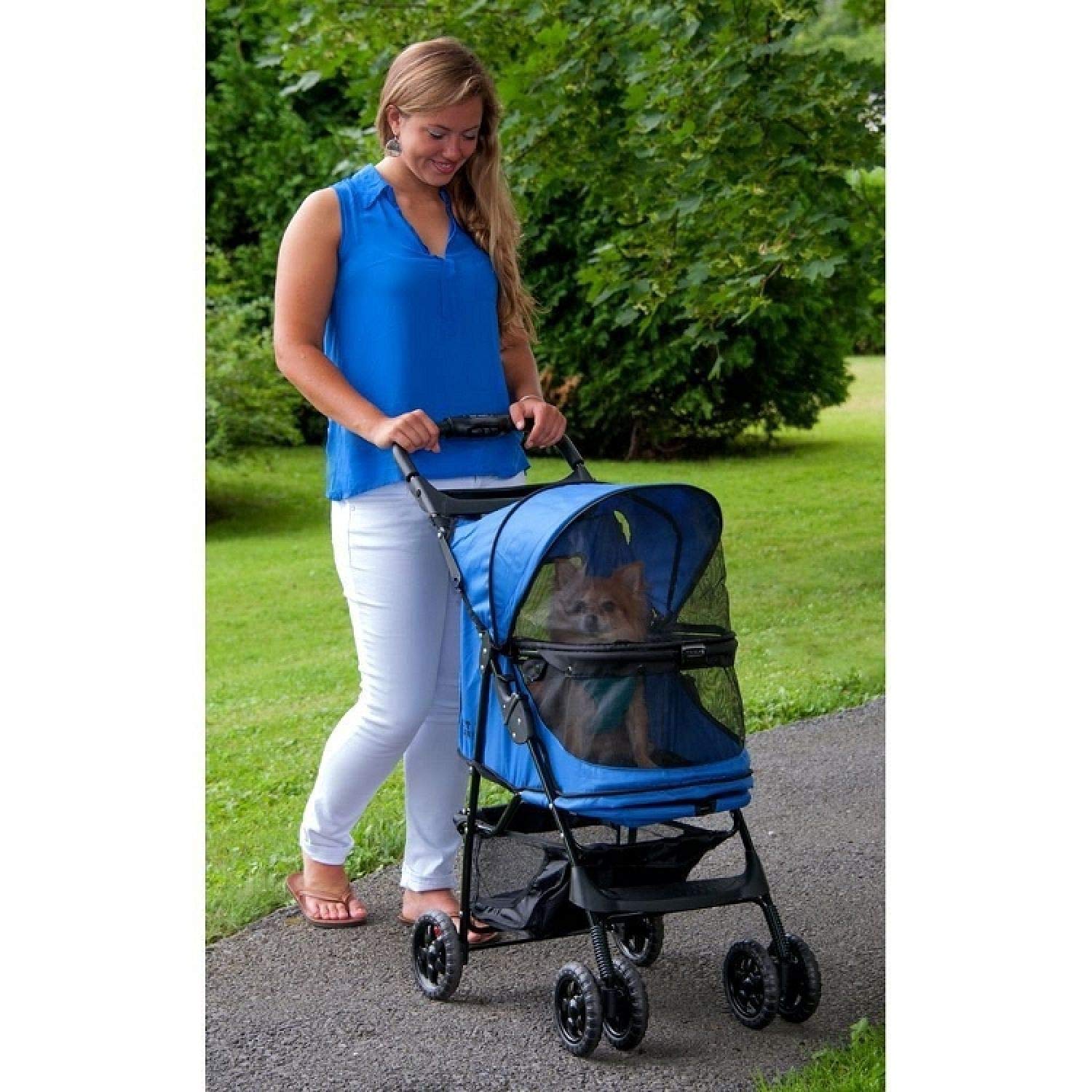 Happy Trails No-Zip Pet Stroller for Small Dogs & Cats - Lightweight Foldable Stroller with Canopy & Storage Basket - Perfect for Outdoor Walks, Vet Visits & Shopping Trips (Sapphire Blue)