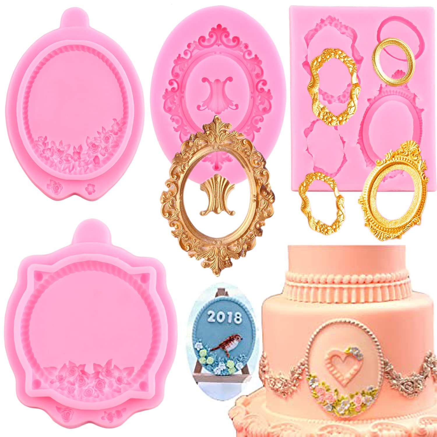 Vintage Baroque Style Silicone Fondant Molds - Set of 4 Cake Decorating Tools for Wedding, Birthday & DIY Baking - Photo Frame Design for Elegant Desserts