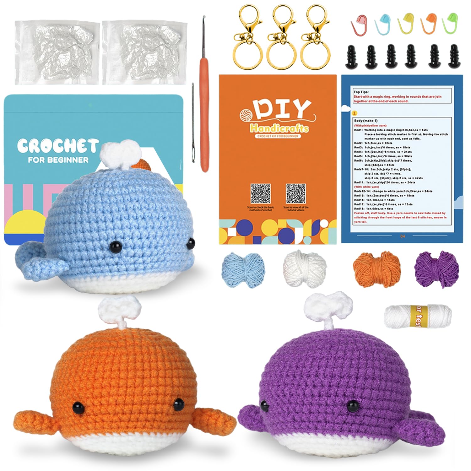**AIDINGO 3PCS Whale Crochet Kit for Beginners – Complete DIY Crochet Animal Kit with Step-by-Step Video Tutorials for Adults, Kids, Men & Women – Perfect for Relaxation, Gifts & Crafting at Home**