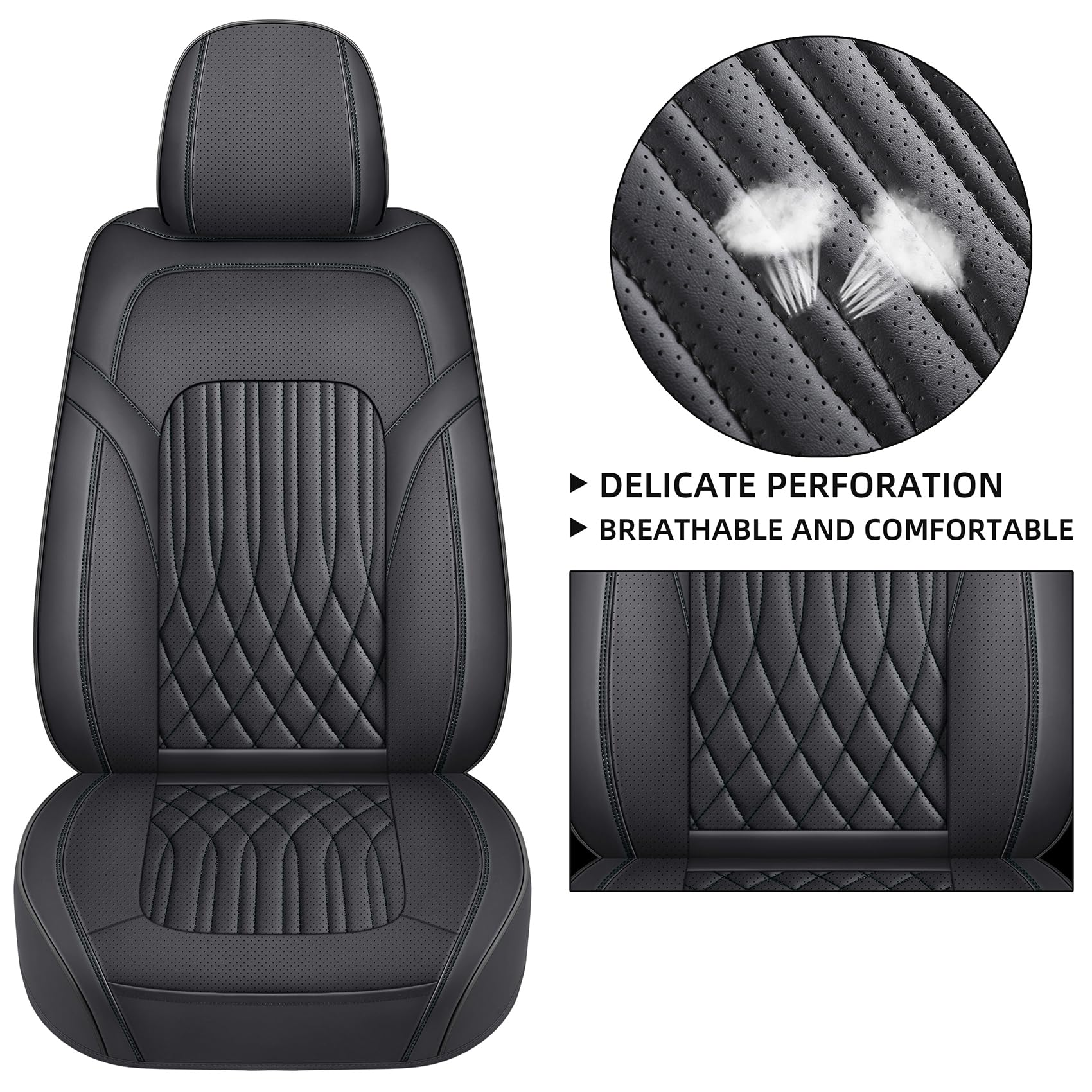 Premium Faux Leather Front Car Seat Covers for Cars & SUVs - Super Breathable, Full Wrapping Edge with Storage Bags - Universal Fit for Most Sedans (2 Front Black) - Perfect for Daily Commute, Road Trips & Car Protection
