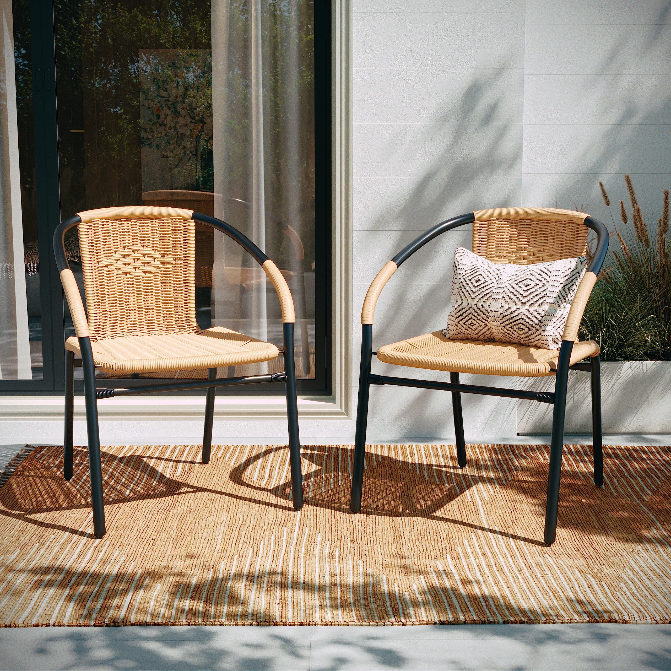 Flash Furniture Lila 4-Pack Beige Rattan Stackable Chairs for Indoor & Outdoor Use - Stylish Dining Chairs for Restaurants, Cafes, Patios & Home Decor