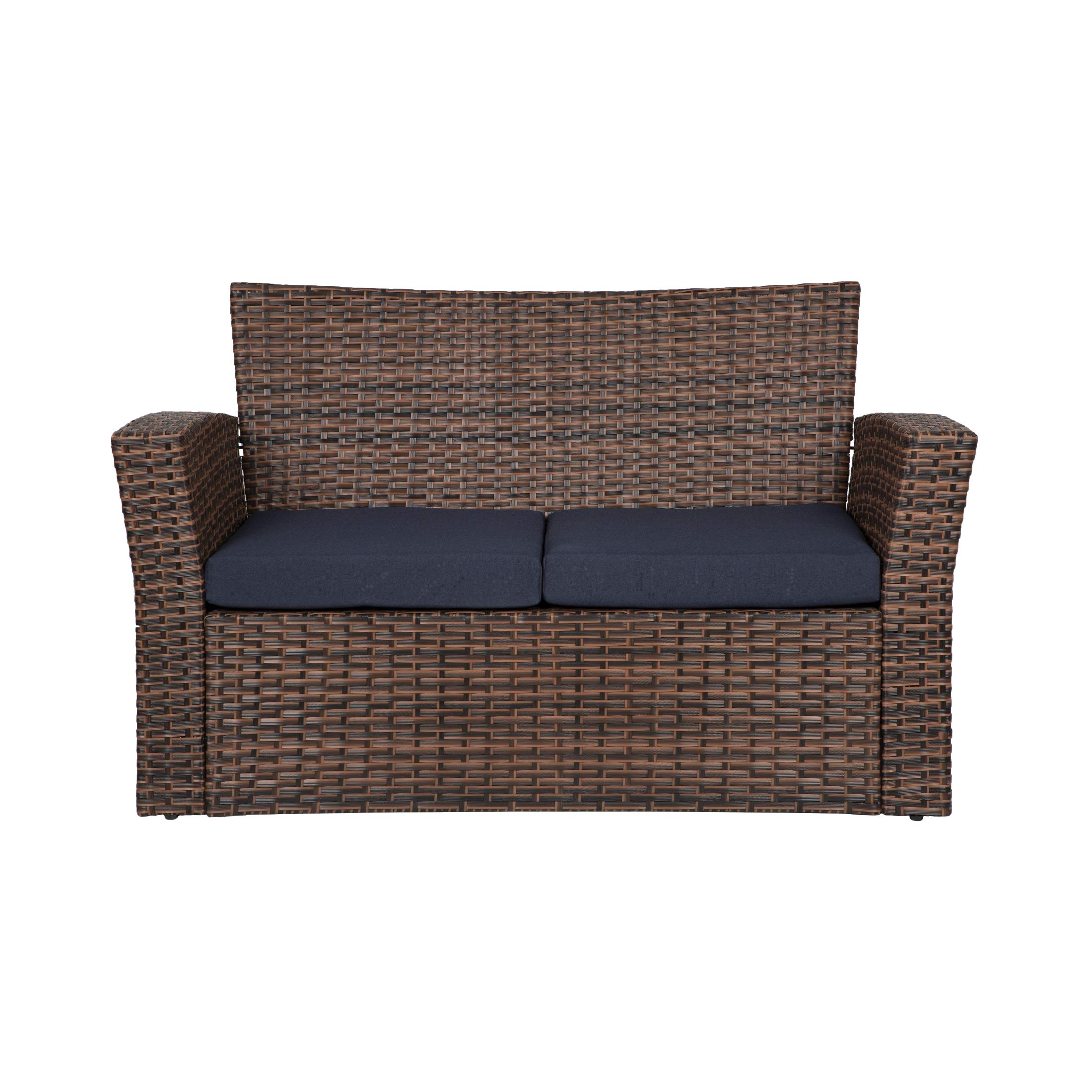 WO Home Furniture 4-Piece Patio Conversation Set - Brown Rattan Wicker Sofa, Chairs & Coffee Table with Navy Blue Pillow Cushions - Outdoor Garden, Backyard, Poolside Lounge Furniture Set for Relaxing & Entertaining