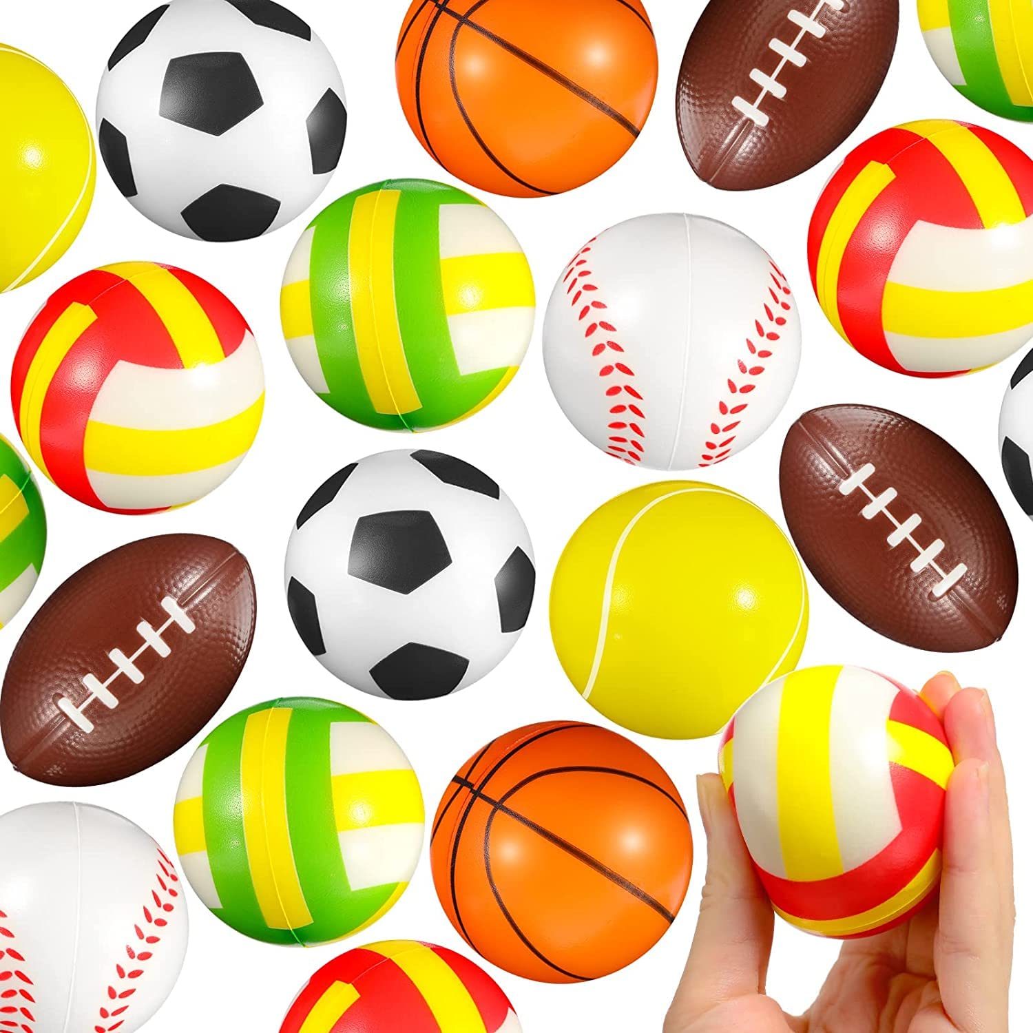 12-Piece Mini Stress Relief Foam Balls Set - 2.5 Inch Sports Hand Toys for Kids (Basketball, Football, Baseball, Soccer, Tennis, Volleyball) - Great for Stress Relief, Party Favors, Classroom Rewards & Indoor Ball Games