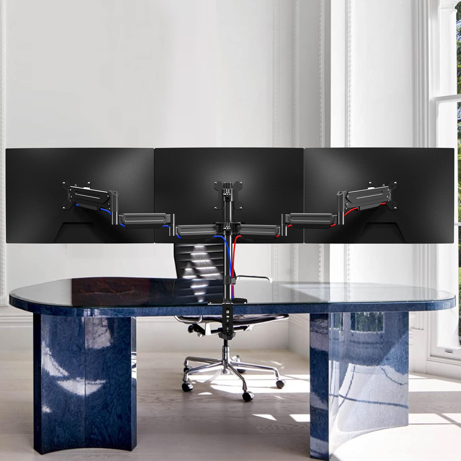 Triple Monitor Stand for 3 Screens 17-27 Inch - Adjustable Gas Spring Monitor Arm with Tilt Swivel Rotation - Heavy Duty Desk Mount Holds 6kg per Screen (2 Installation Options) - Perfect for Home Office, Gaming Setup & Multi-Tasking Workspace (Model MD8003)