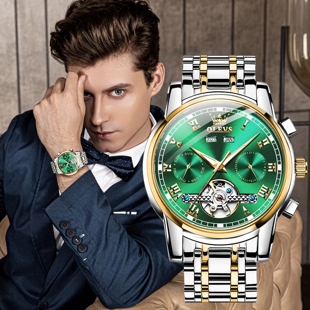 OLEVS Men's Automatic Self-Winding Tourbillon Watch - Luxury Mechanical Dress Watch with Stainless Steel Band, Luminous Hands & Waterproof - Perfect for Business, Formal Events & Everyday Wear