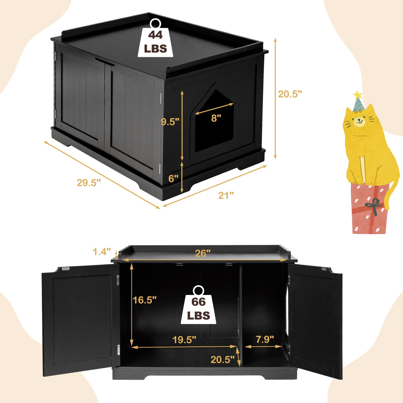 PETSITE Wooden Cat Litter Box Enclosure - Hidden Litter Box Bench with Double Doors, Removable Divider & Storage Shelf | Stylish Cat Litter Box Furniture for Home, Living Room or Bedroom (Black)