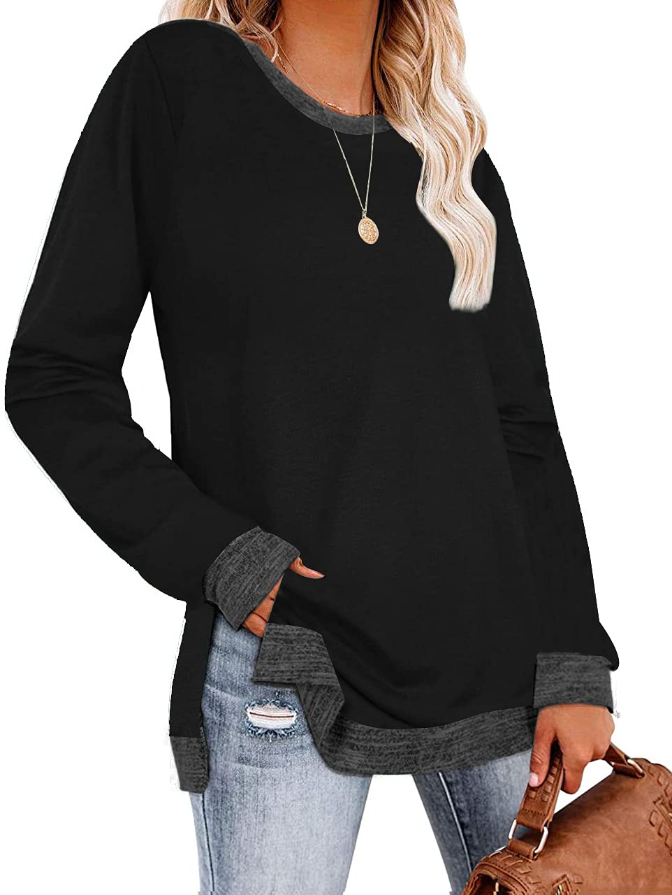 WELINCO Women's Color Block Crewneck Pullover Long Sleeve Tunic Top with Side Split - Casual Workwear & Layering Staple for Fall Winter