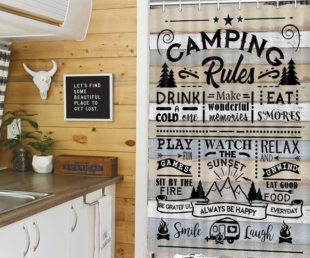 Farmhouse Style RV Shower Curtain Set for Travel Trailers - 47x64 Inch Narrow Fabric Bathroom Curtain with Hooks - Perfect for Campers, Tiny Homes & Outdoor Decor - Happy Camping Quote Design