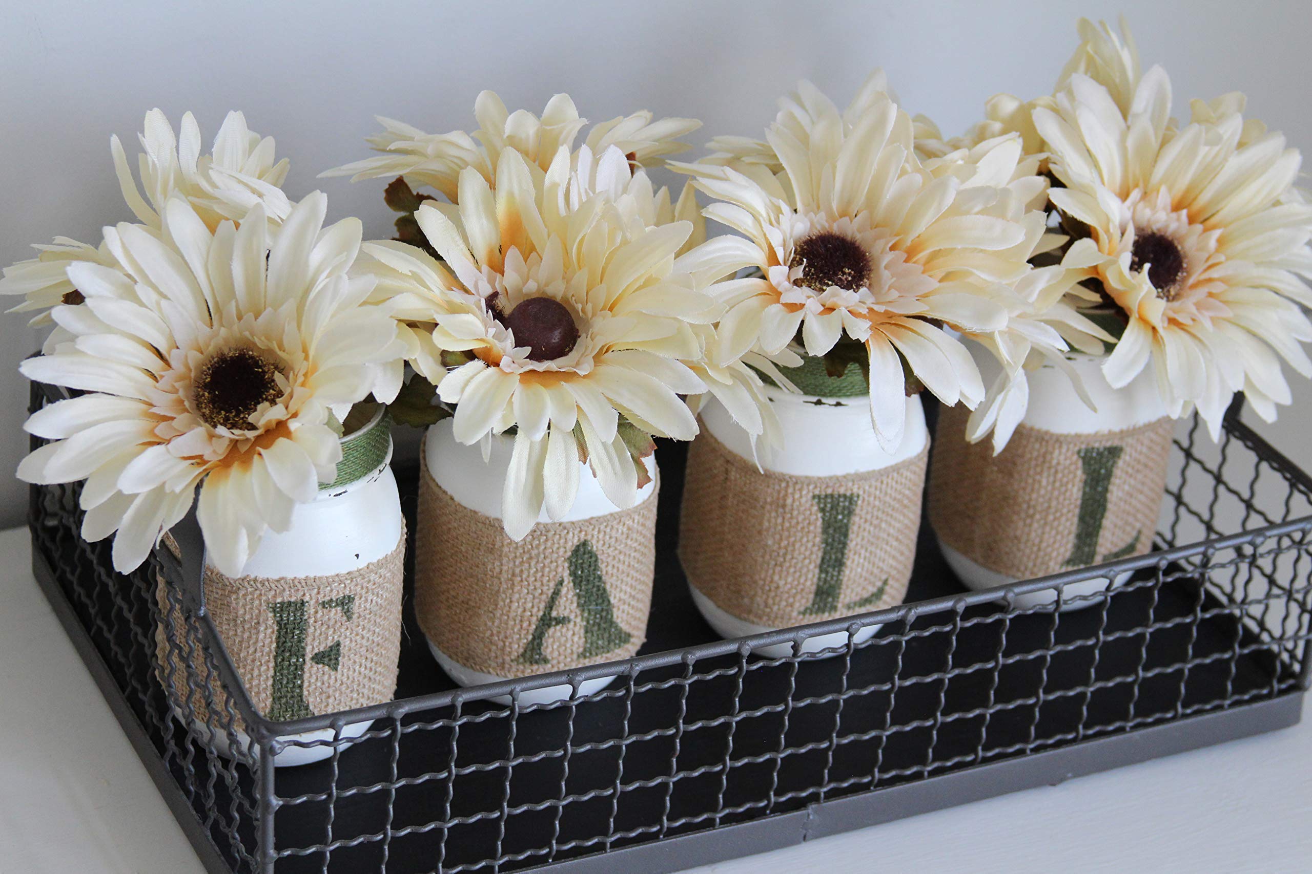 Fall Home Decor Thanksgiving Table Centerpiece - Hand Painted Green & White Mason Jars for Entryway Decor | Perfect Housewarming Gift for Mom | Seasonal Table Setting & Front Porch Decoration