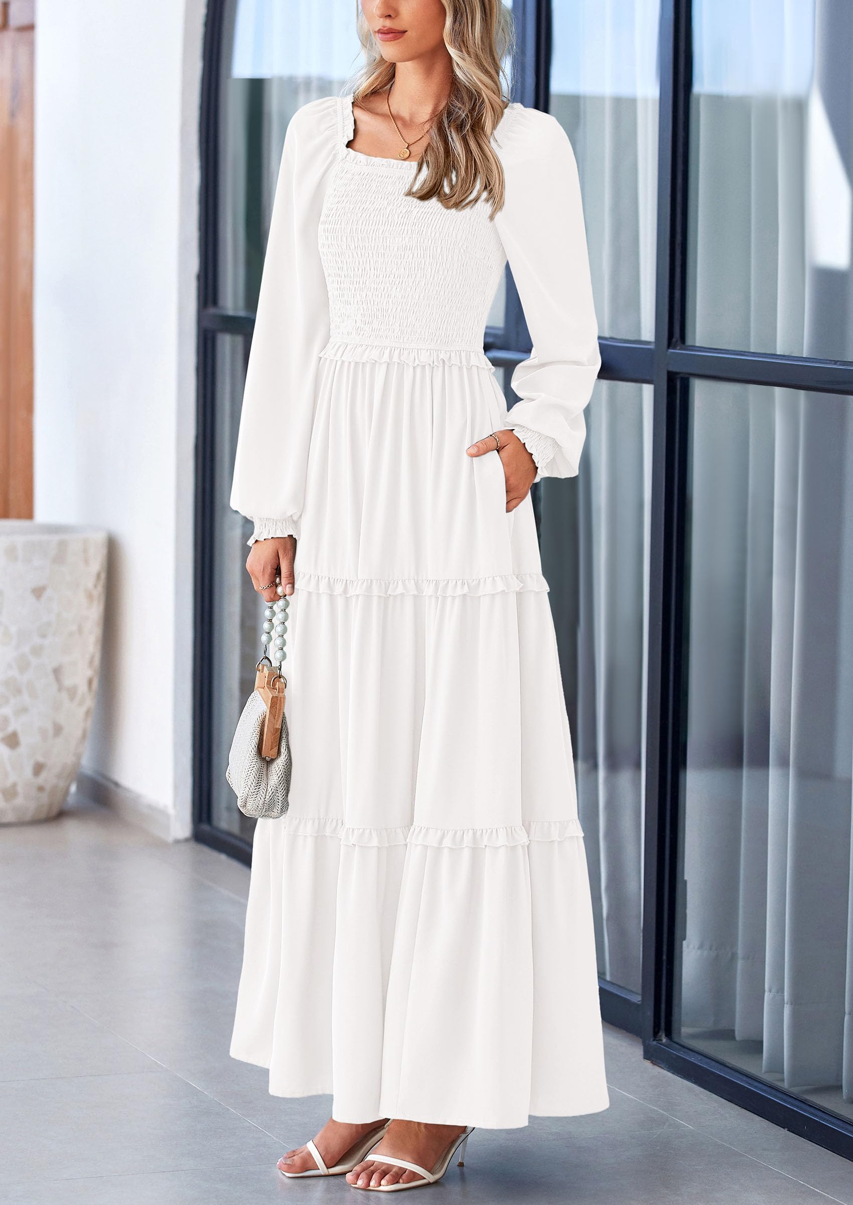 PRETTYGARDEN Women's Smocked Maxi Dress - Long Sleeve Square Neck Tiered A-Line Flowy Dress with Pockets for Spring & Fall | Casual Wear for Brunch, Date Night & Outdoor Events