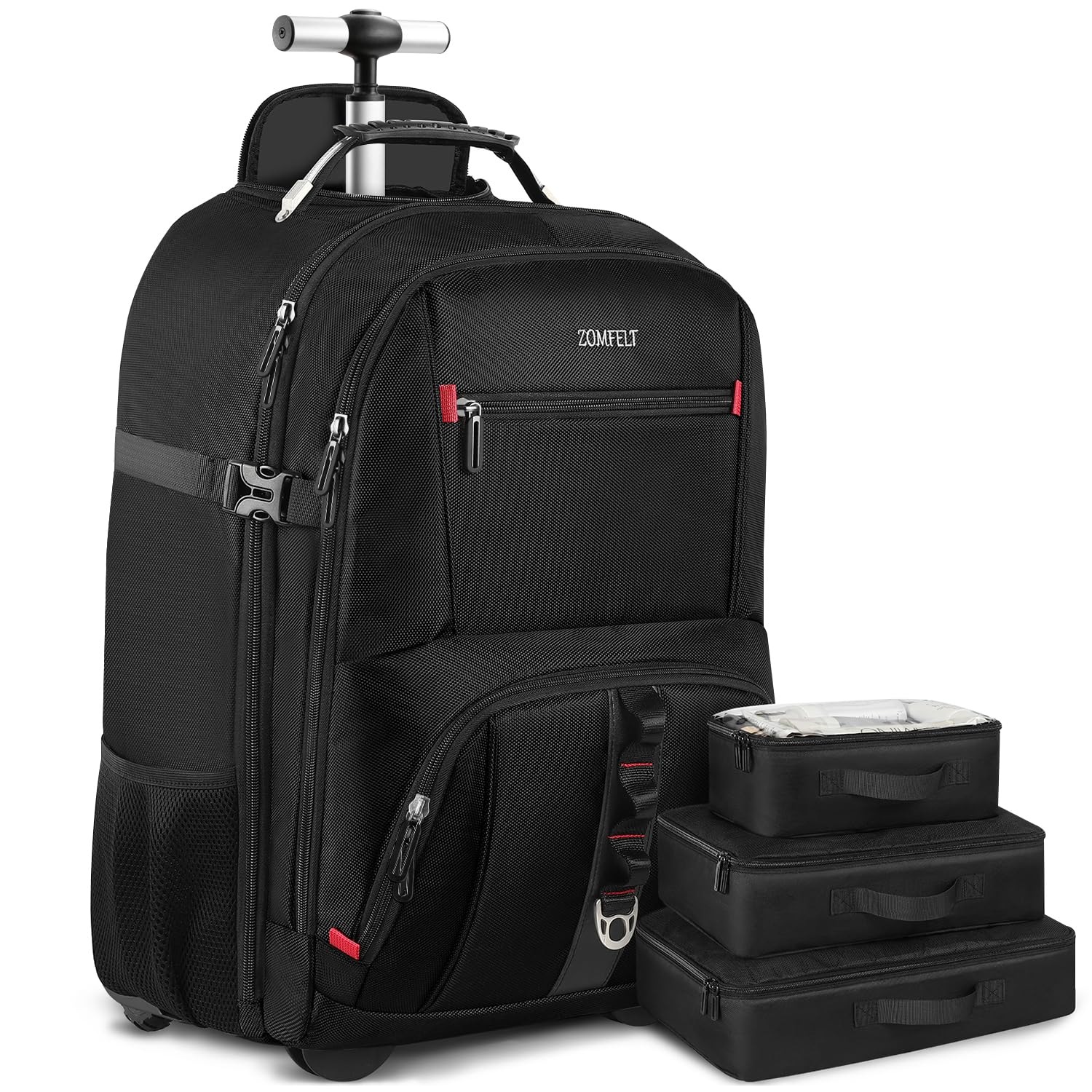 ZOMFELT Rolling Backpack - 18 Inch Wheeled Laptop Backpack with 3 Packing Cubes for Travel, Work & Business | Durable Carry-On Backpack for Men & Women | Perfect for Airplane, Commuting & Office Use (Black)