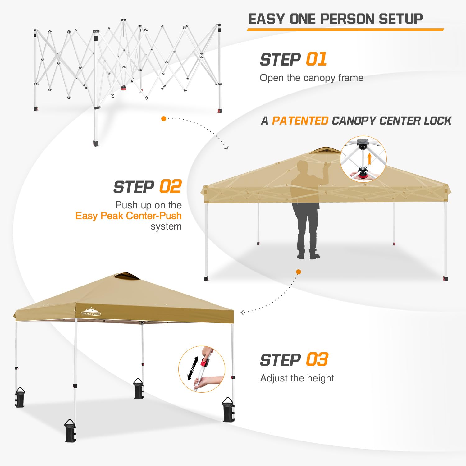 EAGLE PEAK 10x10 ft Pop Up Canopy Tent with Wheeled Carry Bag - Portable Instant Shelter for Outdoor Events, Beach, Camping & Backyard - Includes 8 Stakes, 4 Ropes & 4 Weight Bags - Easy Setup 100sqft Shade Canopy (Beige)