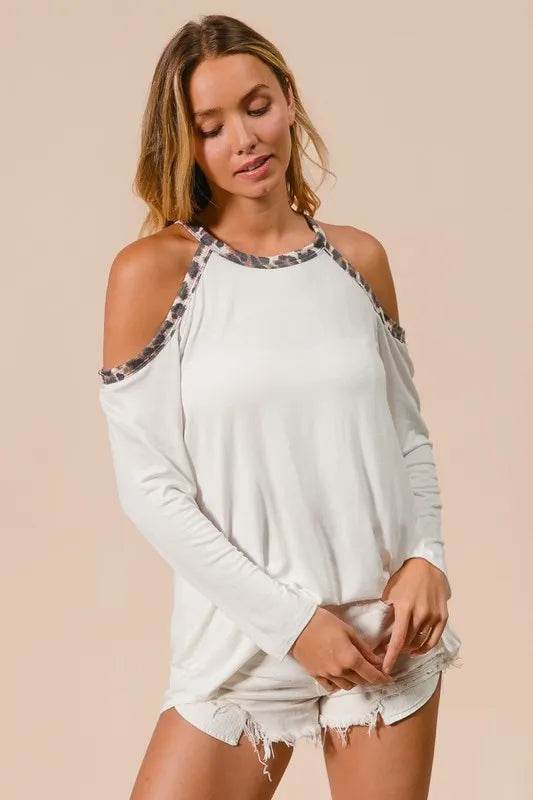 Stylish BiBi Jersey Knit Cold Shoulder Top with Leopard Print Neckline - Trendy Women's Fashion for Casual Outings & Date Nights