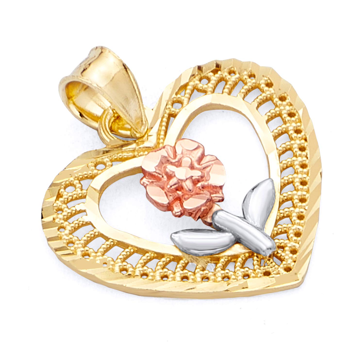 14K Real Tri-Color Gold Heart Flower Charm Pendant Necklace for Women - Elegant Jewelry Gift for Valentine's Day, Anniversary & Special Occasions