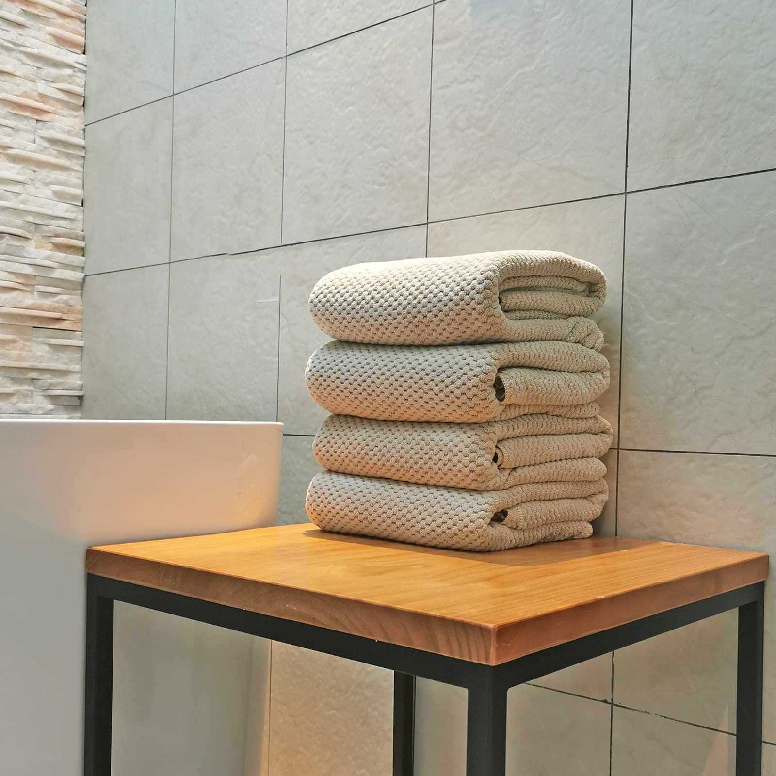 YTYC Extra Large Bath Towels 29x59 Inches - Super Soft Quick Dry Lightweight Waffle Microfiber Shower Towels (80% Polyester 20% Nylon) - 4 Piece Set in Beige - Perfect for Bathroom, Spa, Gym & Beach Use