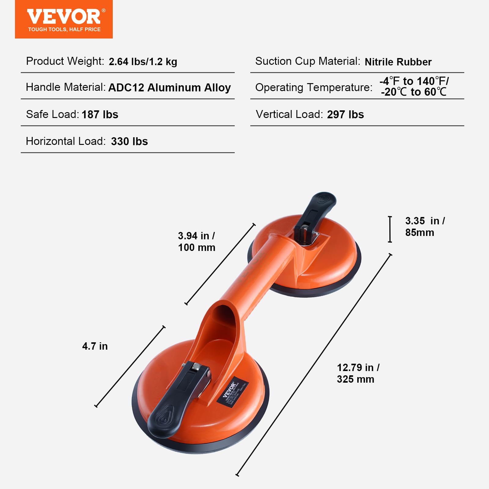 VEVOR NBR Glass Vacuum Lifter - 119mm Diameter, 85-150kg Load Capacity, -20°C to 60°C Operating Temperature - Heavy Duty Suction Cup for Glass, Marble, Tile Installation & Window Replacement