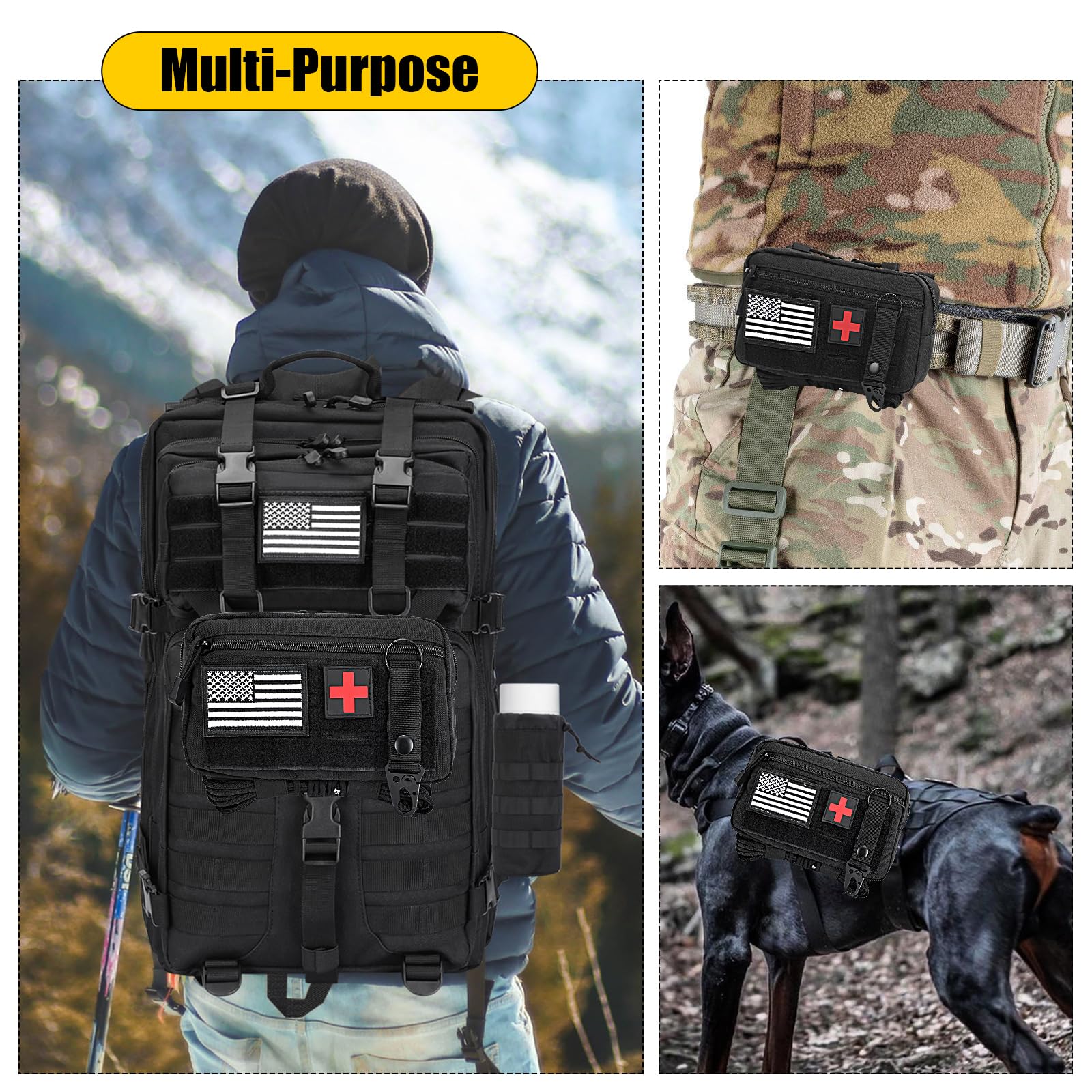 Tactical MOLLE Utility Pouch - Medical EDC Admin Pouch with US Flag Patch, Web Dominator & Elastic Strings - Perfect for EMT, First Aid, Camping & Outdoor Adventures
