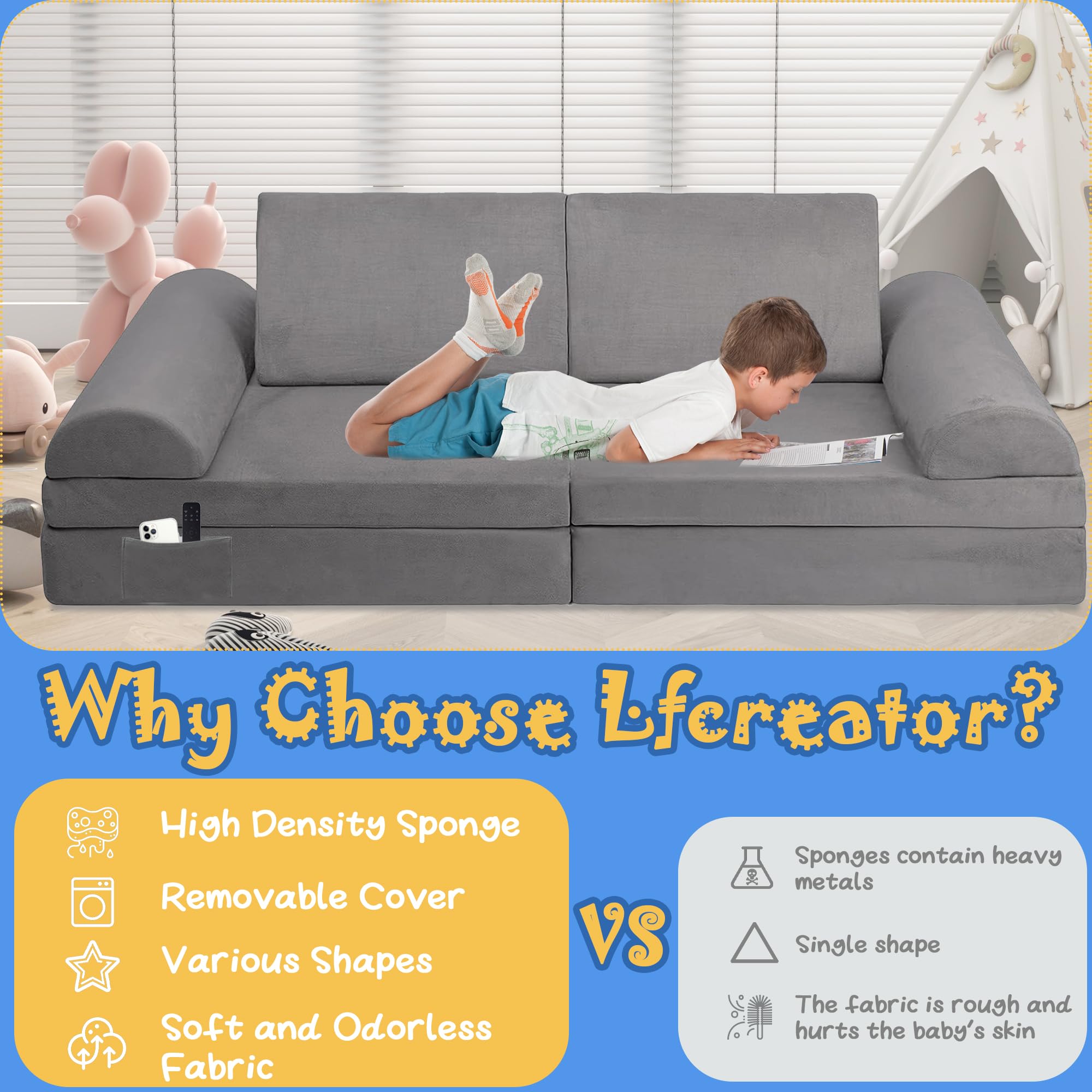 Modular Kids Sofa - Toddler & Baby Playroom Couch for Boys & Girls, Soft and Safe Lounge Furniture for Playtime, Nap Time, and Reading - Perfect for Bedrooms, Playrooms, and Daycare Centers