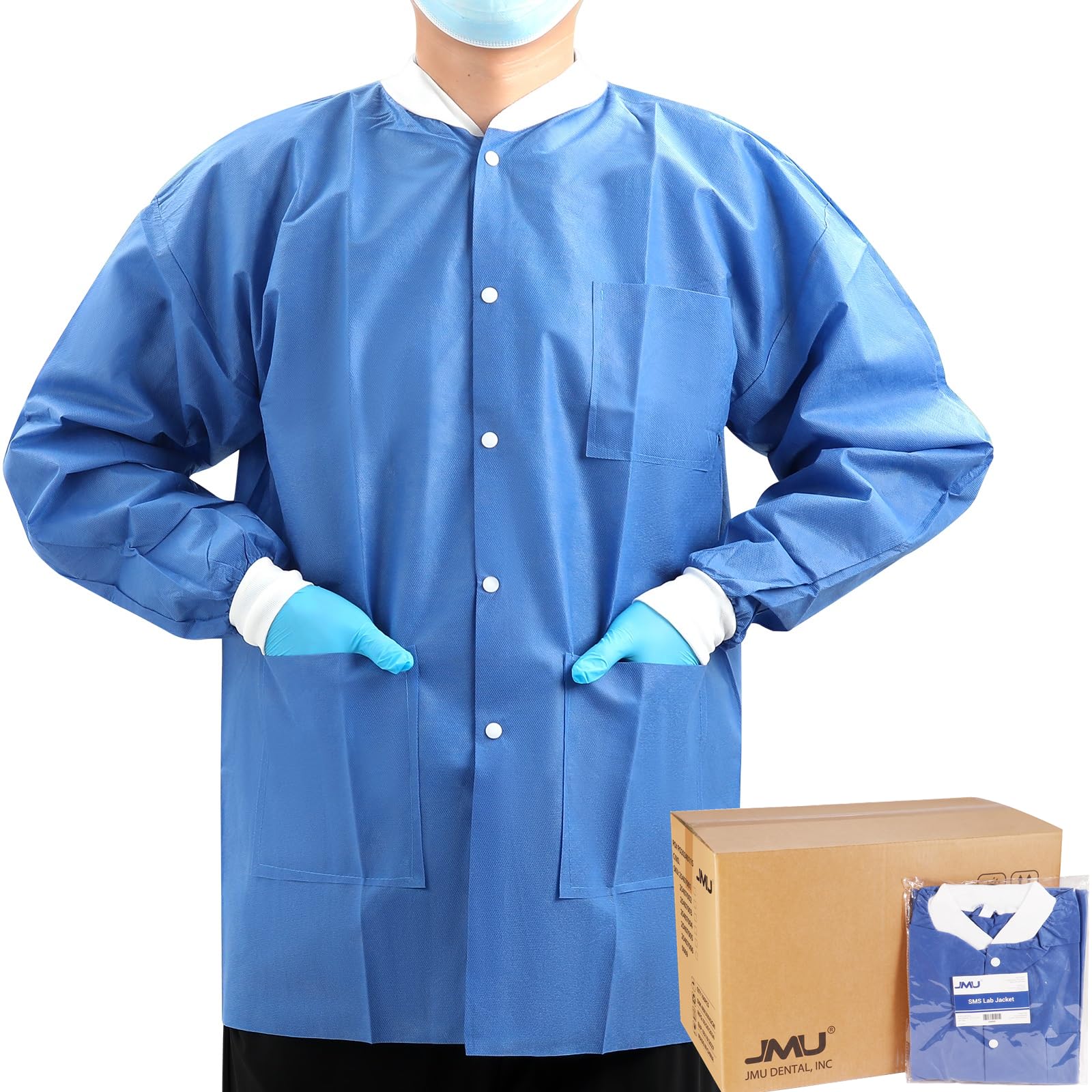 JMU 10-50 Pack Disposable Lab Coats for Men & Women - SMS Medical Jackets with Knit Cuffs & Collar, 3 Pockets - Ideal for Hospitals, Labs, Cleanrooms & Healthcare Workers