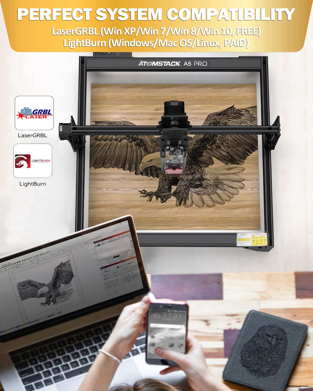 ATOMSTACK A5 Pro 5W Laser Engraver & Cutter - 40W Engraving Machine for Metal, Wood, Leather, Glass | DIY CNC Laser Cutting Tool for Home Business, Craft Projects & Industrial Use