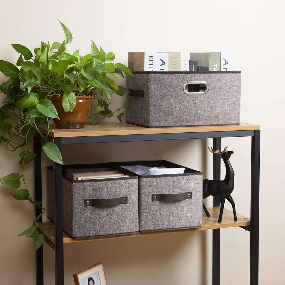 PRANDOM Large Foldable Storage Bins for Shelves [3-Pack] - Decorative Linen Fabric Storage Baskets with Leather/Metal Handles (14.9x9.8x8.3 Inch) - Perfect for Closet, Nursery, Office Organization - Grey and Black Trim - Space-Saving Home Storage Solution