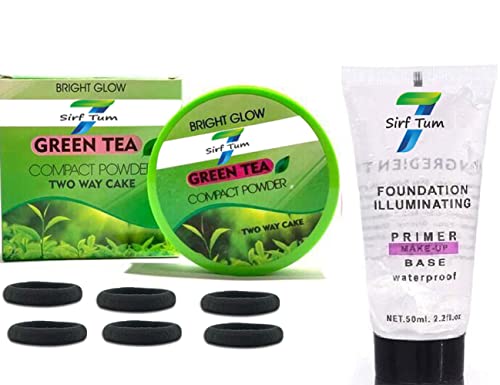 Bright Glow Green Tea Compact Powder Two-Way Cake + Primer Foundation Luxury Primer Set (Pack of 7) - Oil Control & Long-Lasting Makeup for Daily Wear & Special Occasions