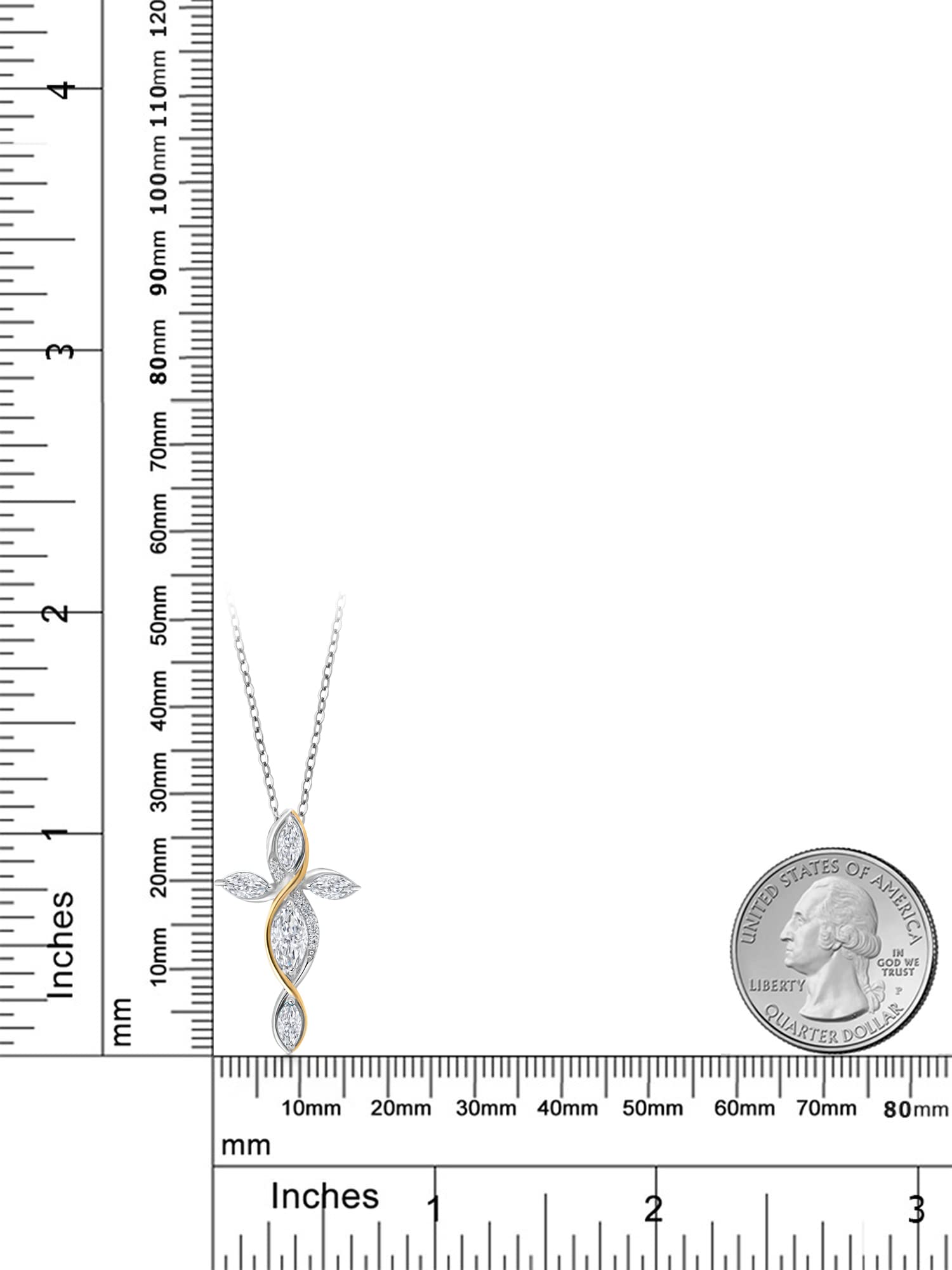 925 Silver & 10K Gold Moissanite Cross Pendant Necklace for Women - 1.31cttw Marquise Cut (8x4mm) Jesus Crucifix Religious Jewelry with 18