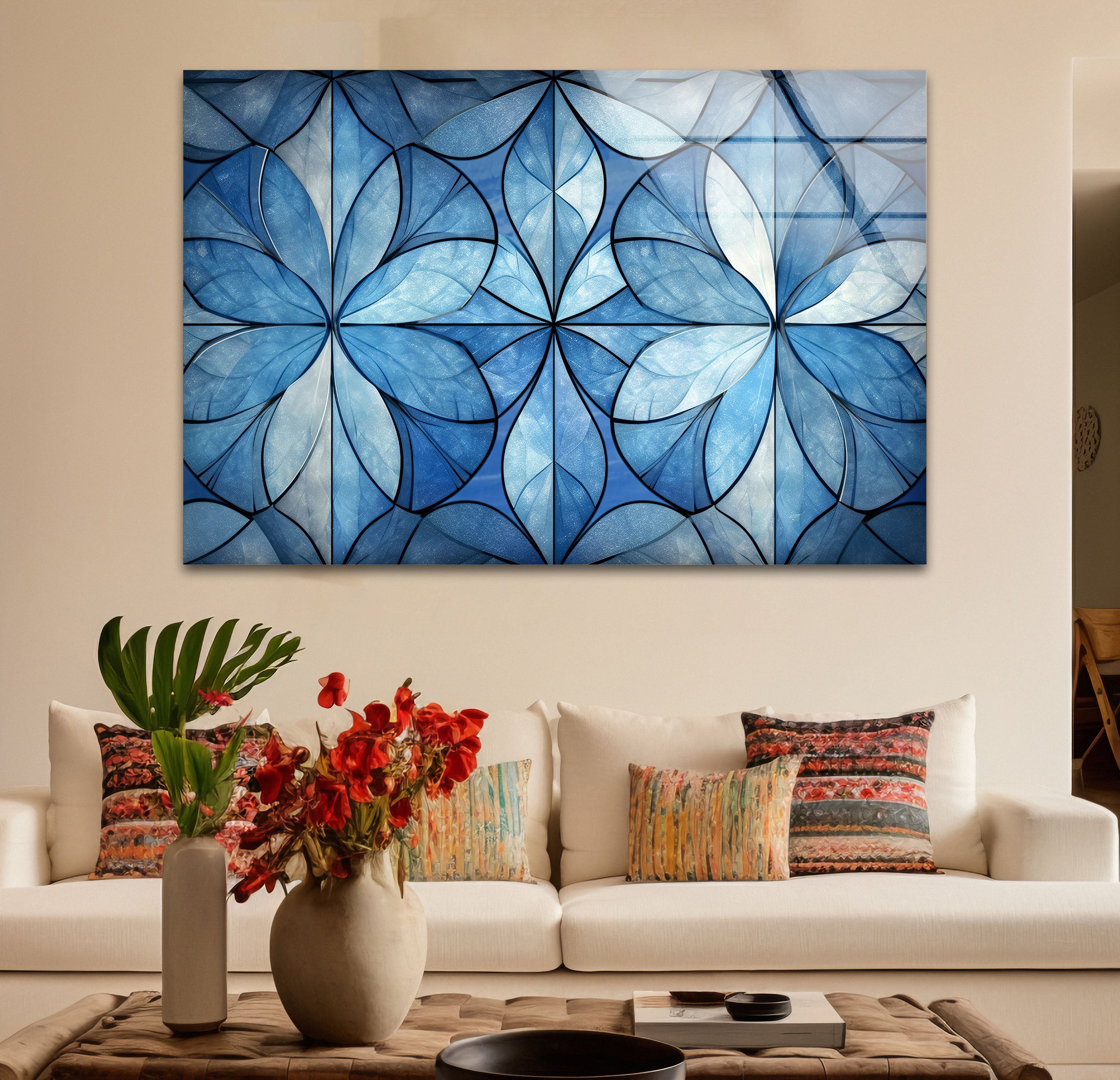 Blue Floral Geometric Wall Art - Modern Glass Panel with Elegant Petal Design for Home Decor, Living Room & Office