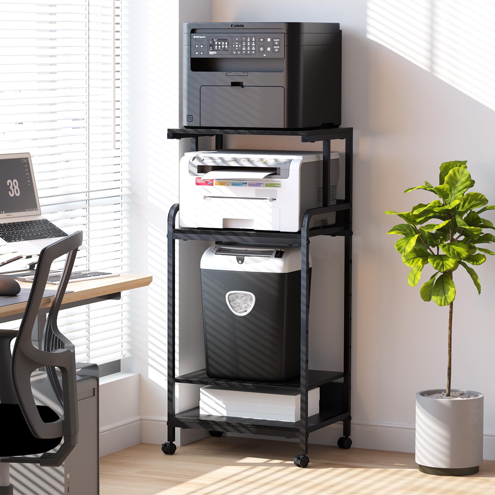 4 Tier Printer Stand with Storage Shelf - Large Mobile Printer Cart with Wheels for Home Office - Adjustable Printer Table for Heat Press, Scanner & Fax - Black (Perfect for Small Spaces & Office Organization)