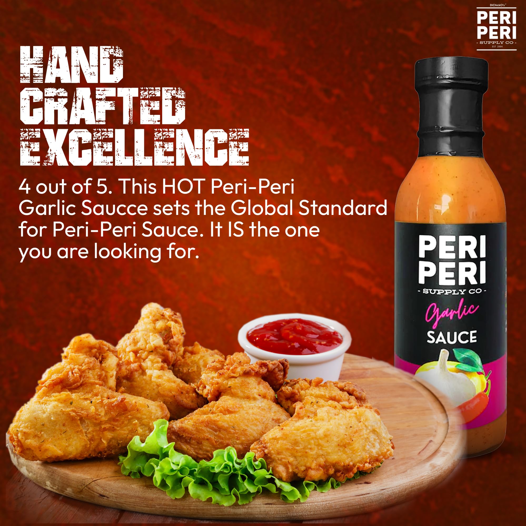 DiChickO's Peri-Peri Garlic Hot Sauce - 12 fl oz Vegan Piri Piri Sauce Bottle - Tangy African Chili Sauce for Chicken Wings, Grilled Meats, French Fries & Seafood - Made in USA - Perfect for BBQ, Parties & Home Cooking