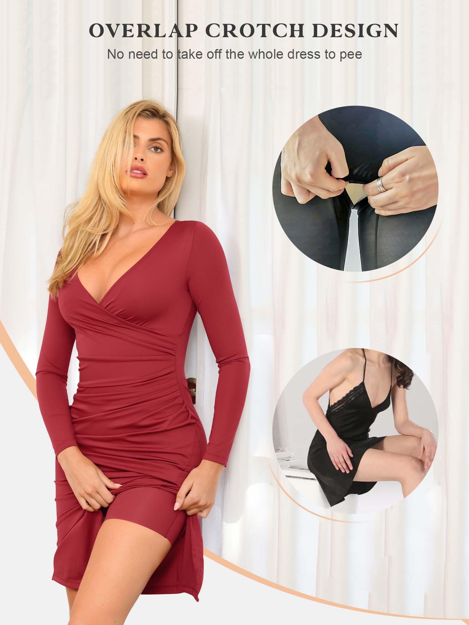 Popilush Shapewear Dress for Women - V Neck Formal Wedding Midi Dress with Built-in Shapewear, Long Sleeve Bodycon Dress for Special Occasions & Evening Events