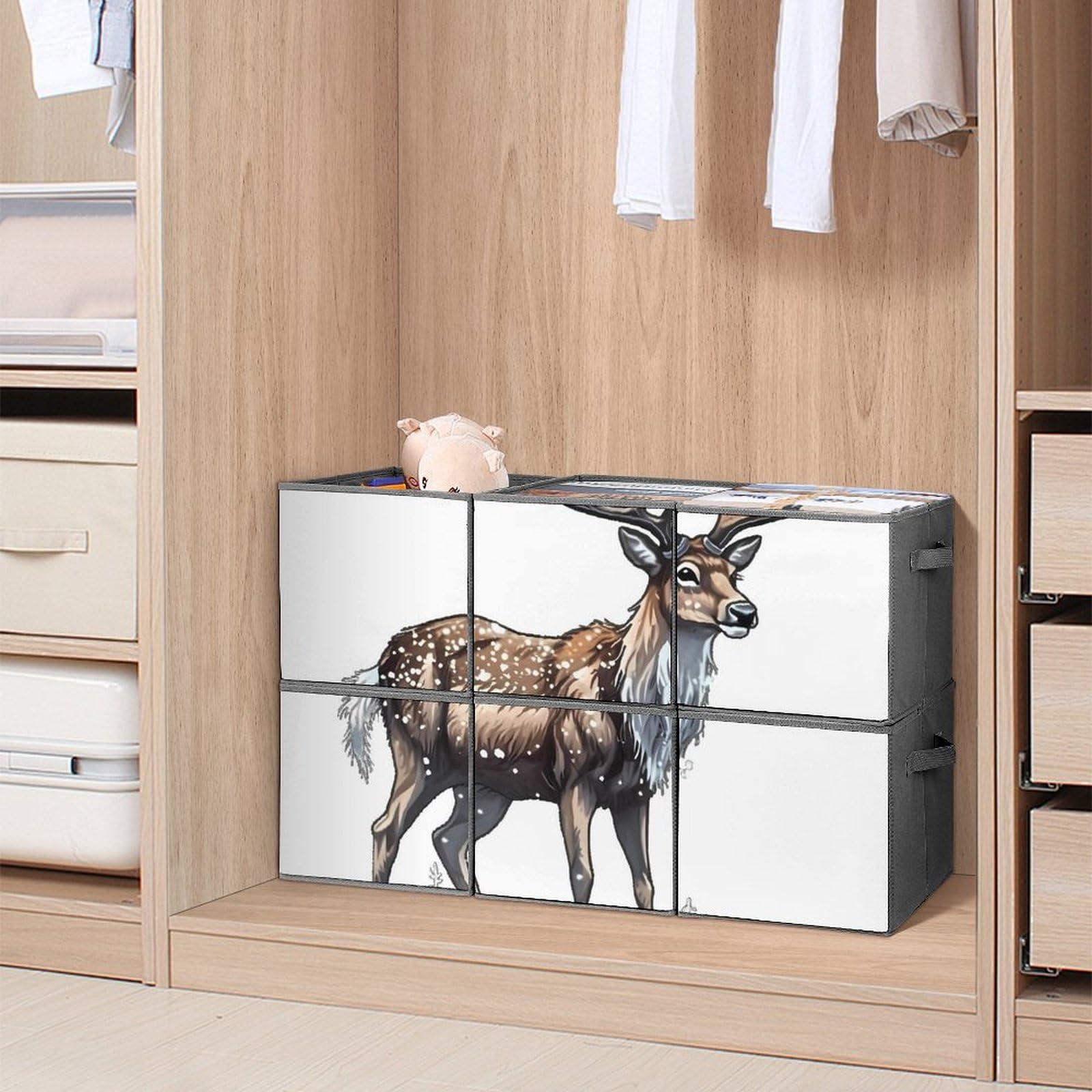 6-Piece Hand-Painted Deer Collapsible Storage Baskets with Handles - Large Closet Organizer for Clothing, Toys & Home Decor | Foldable Fabric Storage Cubes for Bedroom, Nursery & Dorm Organization