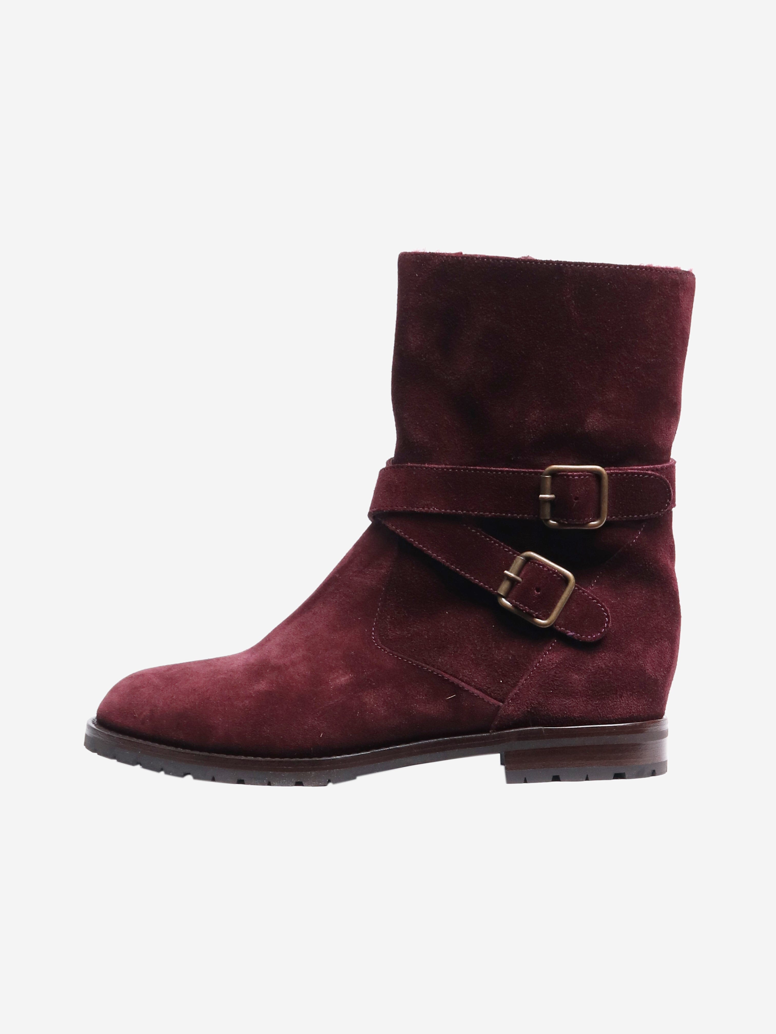 Burgundy Buckled Suede Ankle Boots Women's Size EU 38 (US 7.5) - Stylish & Comfortable for Fall, Winter & Casual Outfits