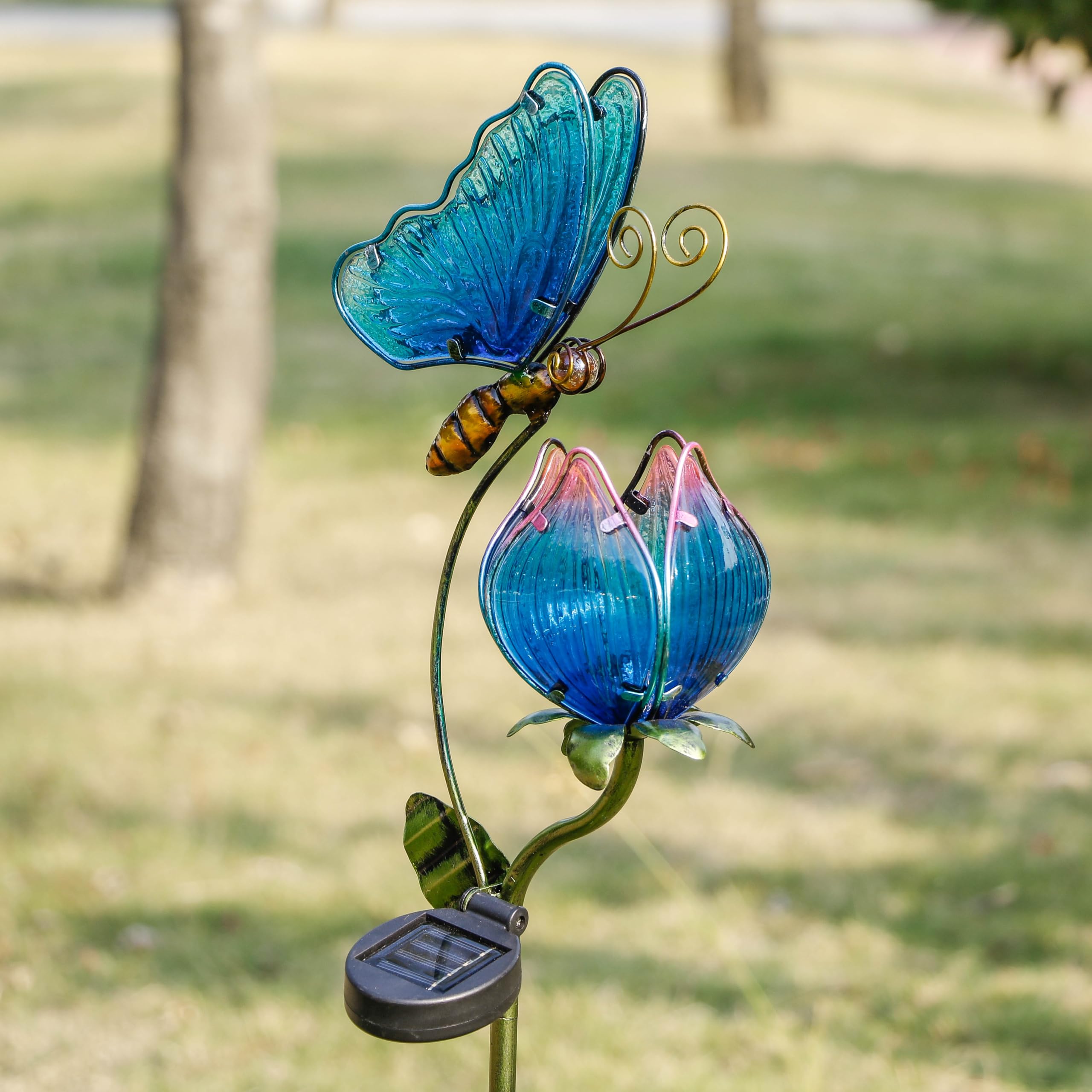 42'' Blue Glass Butterfly Solar Outdoor Lights - Metal Garden Stake Decor for Yard, Patio & Lawn | Solar-Powered Waterproof Garden Decorations | Unique Gift for Mom, Housewarming & Outdoor Parties