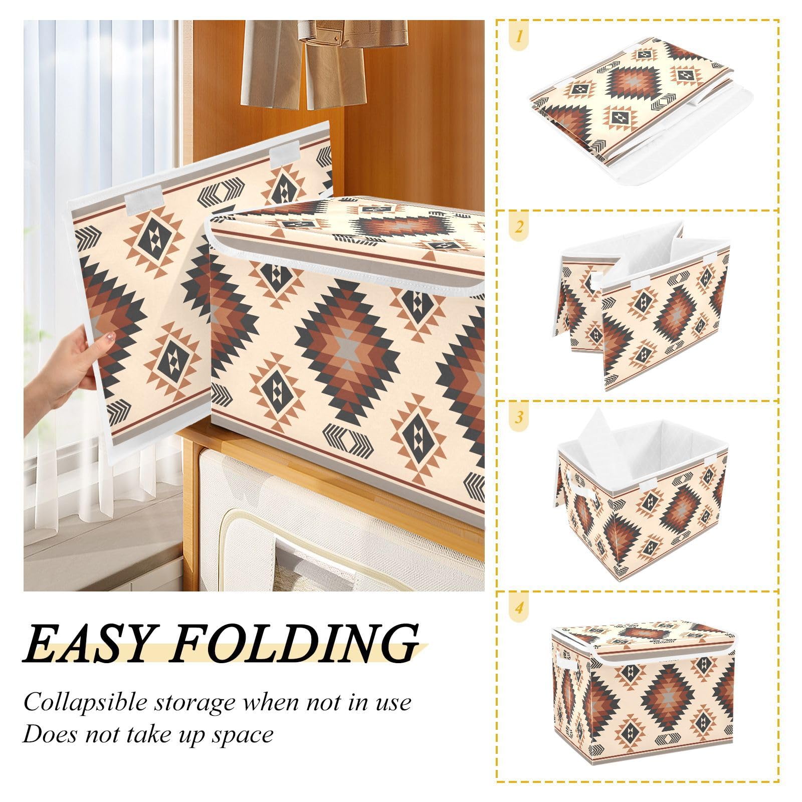 Aztec Style Foldable Fabric Storage Bins with Lids - Brown Ethnic Collapsible Organizer Baskets for Home, Bedroom, Closet & Office Organization | Perfect for Clutter Control & Space Saving Storage
