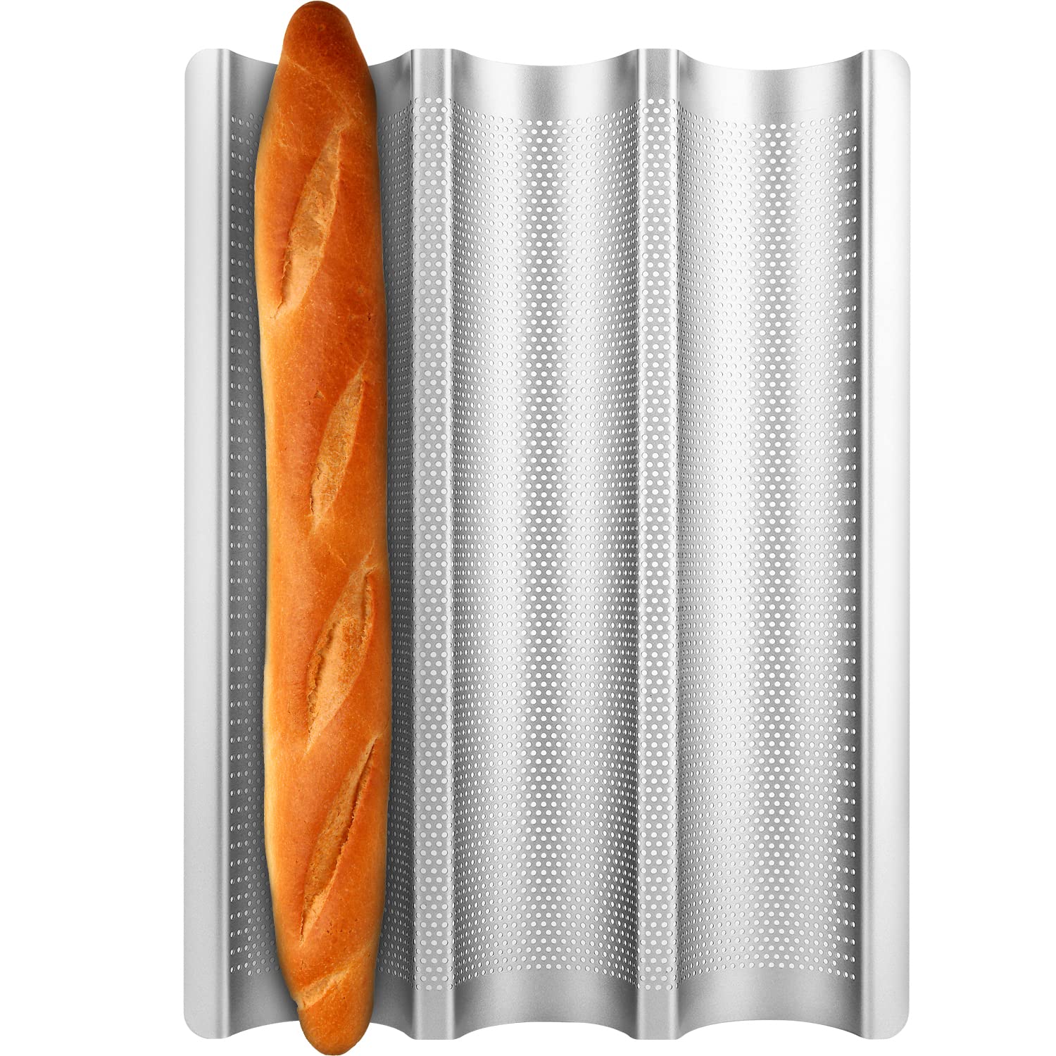 Nonstick French Baguette Pan - 3 Slot Perforated Italian Loaf Bread Baking Mold, Silver | Perfect for Homemade Artisan Bread, French Toast & Restaurant-Style Baking