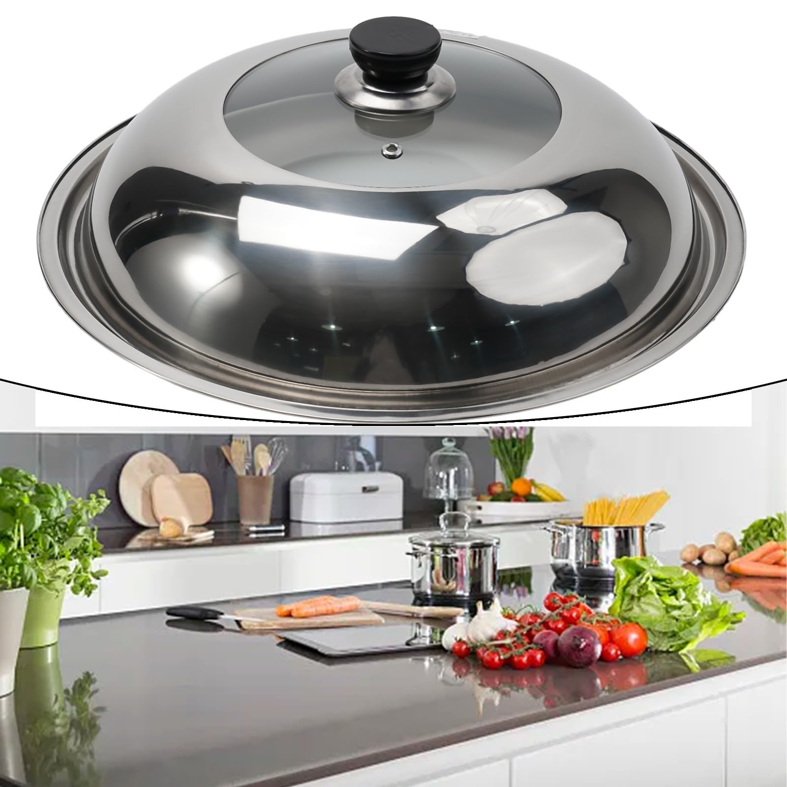 FACAIIO 34cm Stainless Steel Wok Lid - Splash-Proof, Easy to Use & Lift, Effortless Steam Control for Stir-Frying, Deep Frying & Healthy Cooking - Perfect for Asian Cuisine & Home Chefs