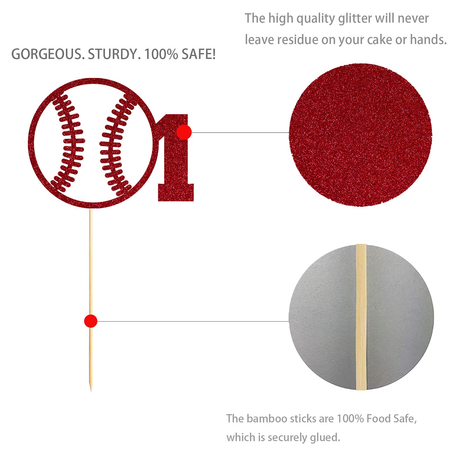 Red Baseball 1st Birthday Cake Topper - Glitter Happy First Birthday Party Decoration for Baby Boy, Baseball Theme Celebration | Perfect for 1-Year-Old Birthday Cakes, Cupcakes & Dessert Tables