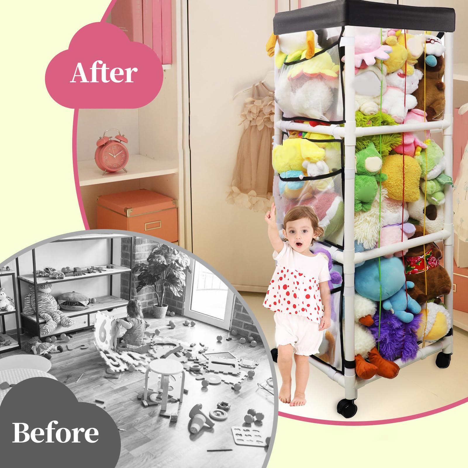 360° Rotating Plush Toy Organizer with Elastic Cords - 150 x 49 x 46cm Kids Room Storage Solution for Stuffed Animals, Dolls & Toys | Perfect for Bedroom, Playroom & Daycare Organization