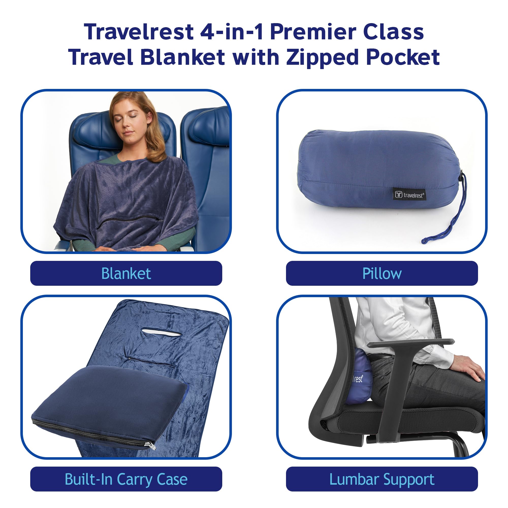 TRAVELREST 4-in-1 Travel Blanket & Pillow for Airplanes - Lightweight, Warm & Ultra Plush Wearable Blanket with Carry Case | Perfect for Long Flights, Road Trips & Camping | Soft, Cozy & Compact (Blue)