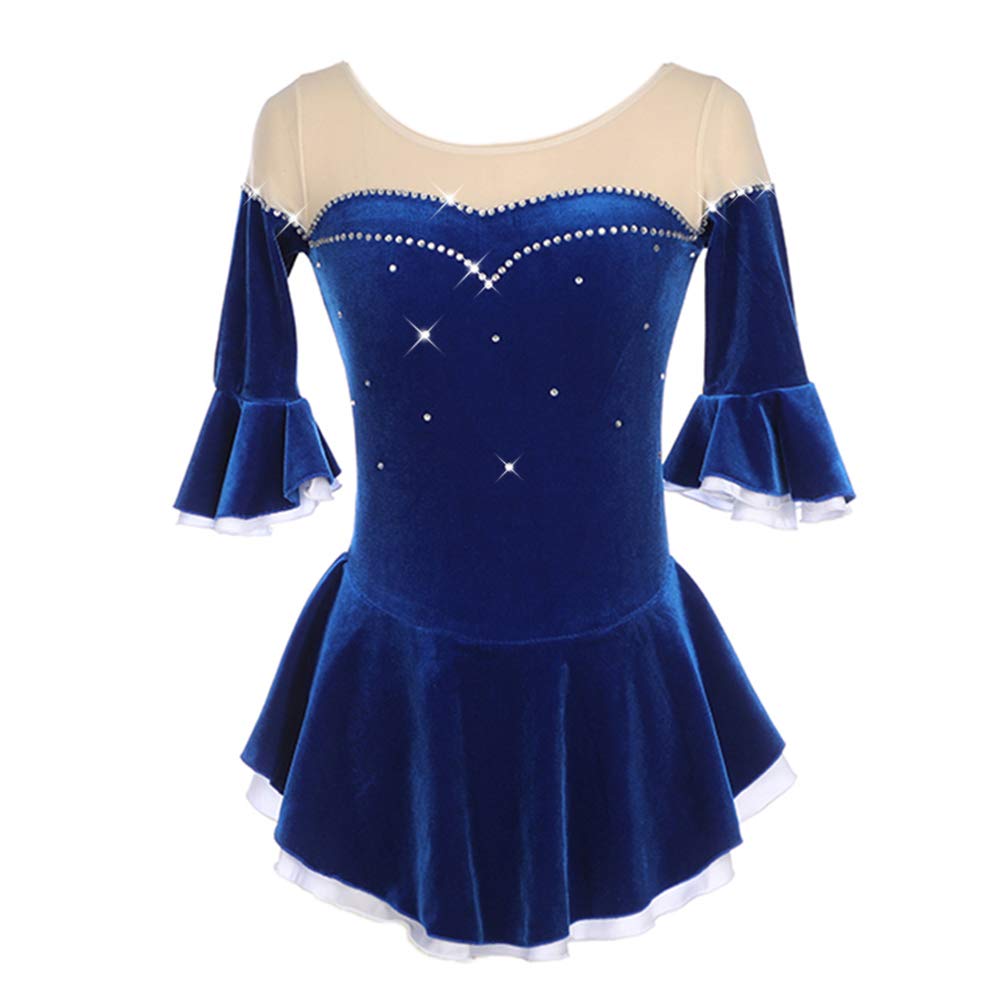 Blue Velvet Figure Skating Dress for Girls & Women - Long Sleeve Competition Performance Ice Skating Costume | Perfect for Ice Shows, Competitions & Practice