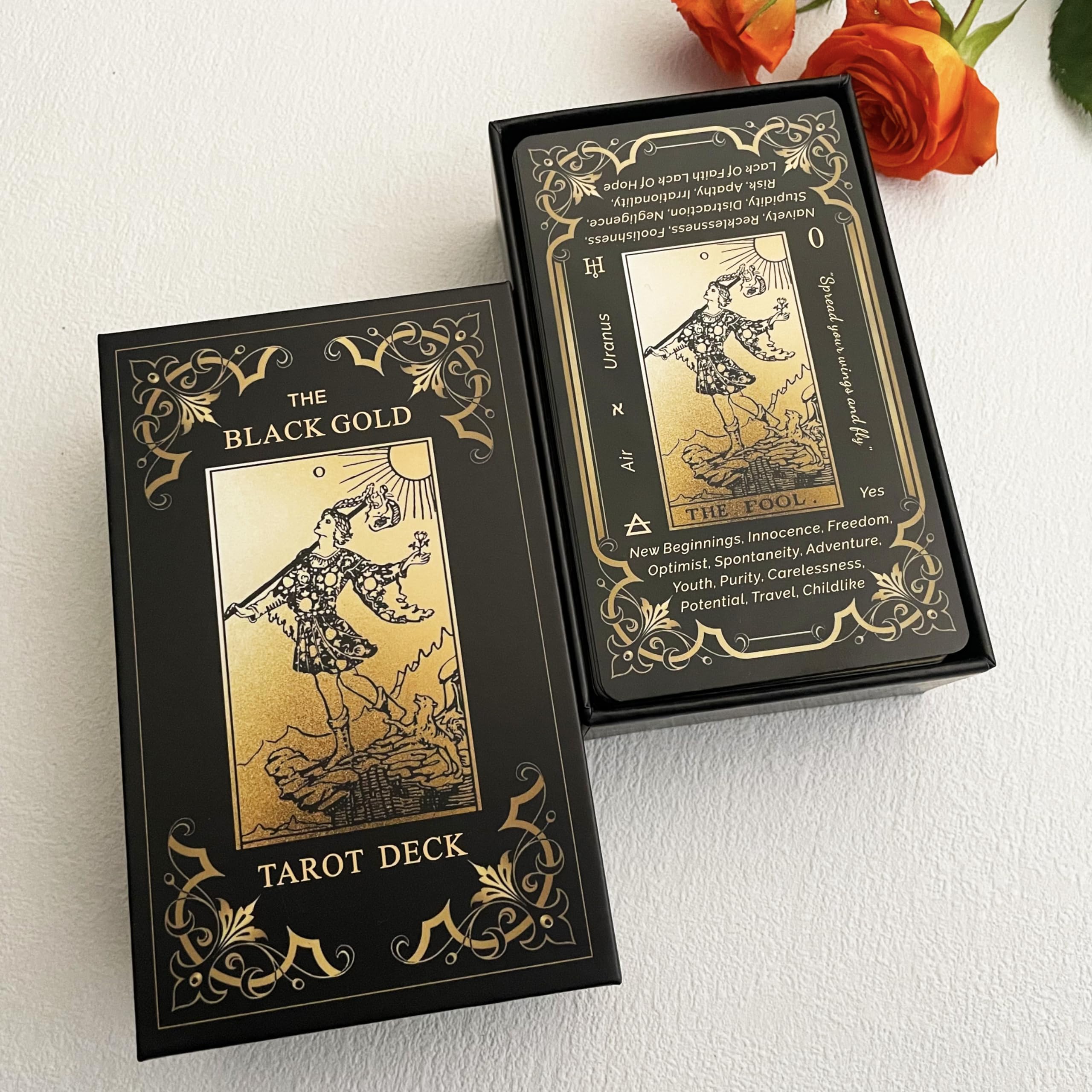 Black Gold Tarot Cards Set for Beginners - 78 Cards with Meanings, Guide Book & Gold Gilded Edges | Perfect for Divination, Meditation & Spiritual Guidance