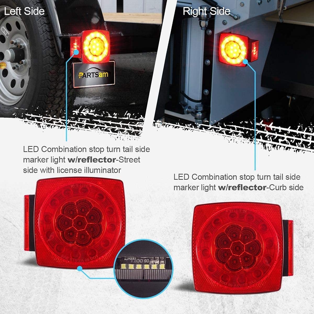 Partsam 12V Waterproof LED Trailer Lights Kit - Submersible Square Tail Lights with Wiring Harness & 14.17