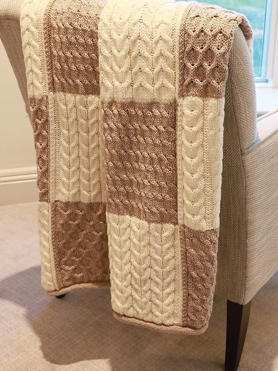 Premium Patchwork Intarsia Merino Wool Irish Blanket - Wicker/White - One Size - Cozy Home Decor & Luxury Throw for Sofa, Bed & Travel